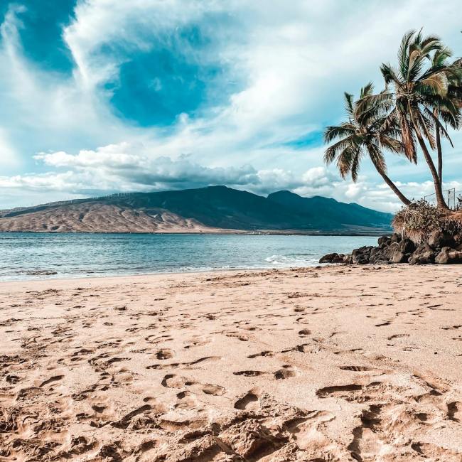 Idyllic tropical beach with palm trees, footprints in the sand, and a distant mountain view.