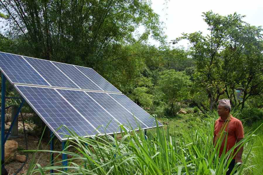 The solar water pumping system among rice fields in Bhaitari Village