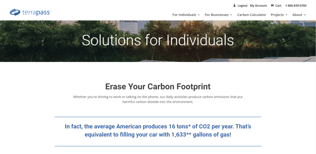 Screenshot of the terrapass front page for individuals