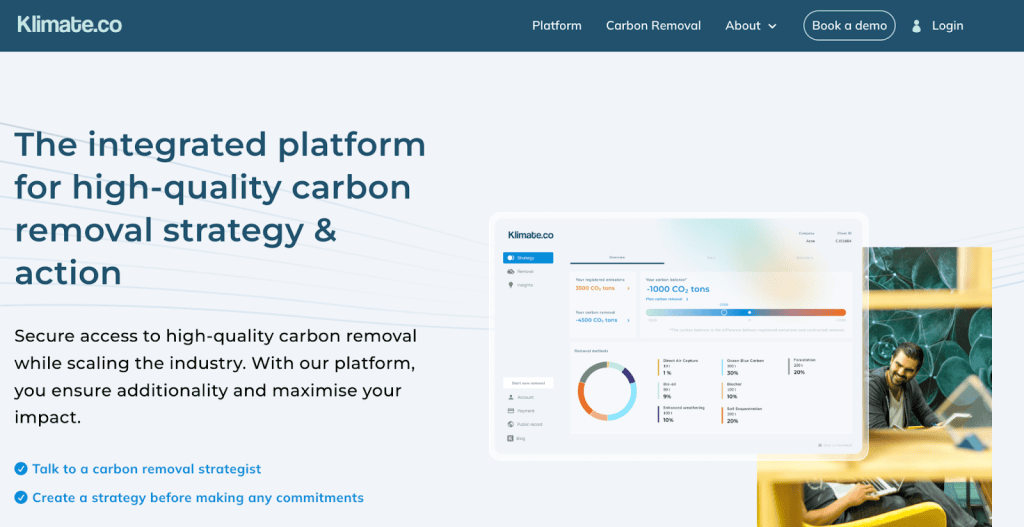 Screenshot of the Klimate.co front page