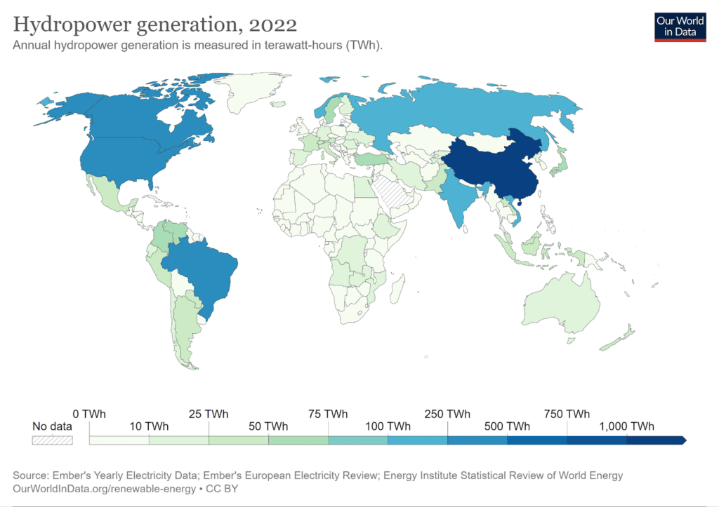 Illustration from Our World in Data: Hydropower generation, 2022
