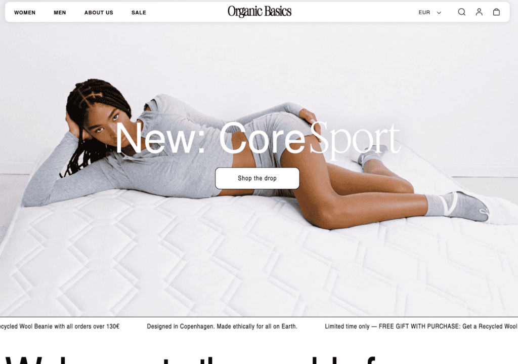 Screenshot of the Organic Basics front page