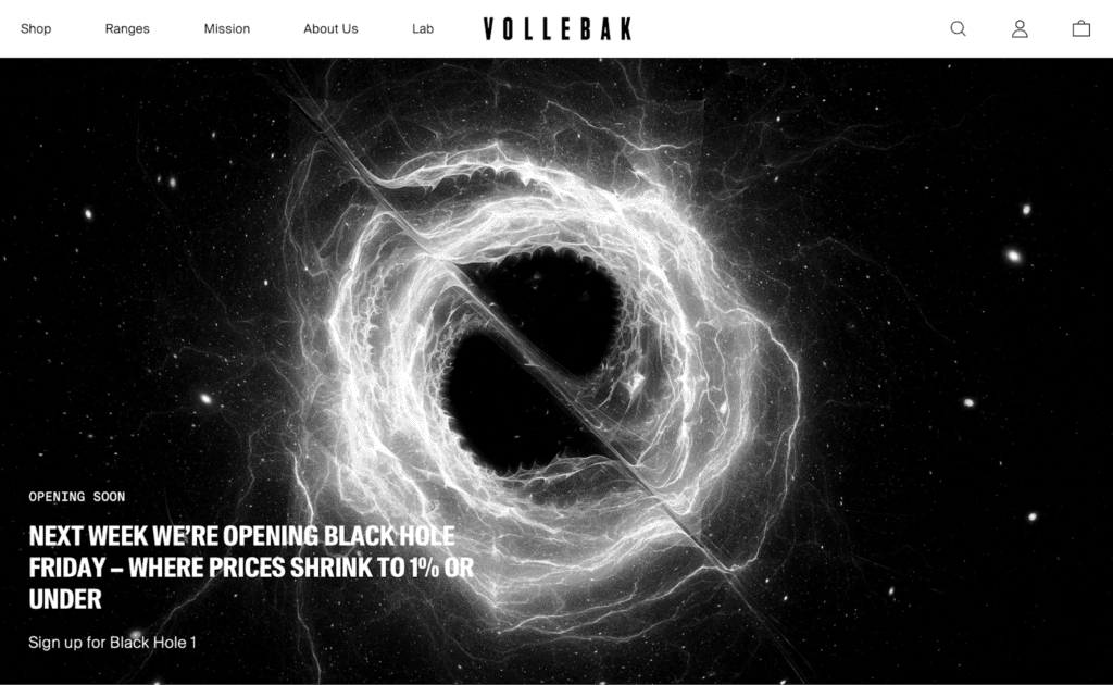 Screenshot of the Vollebak front page