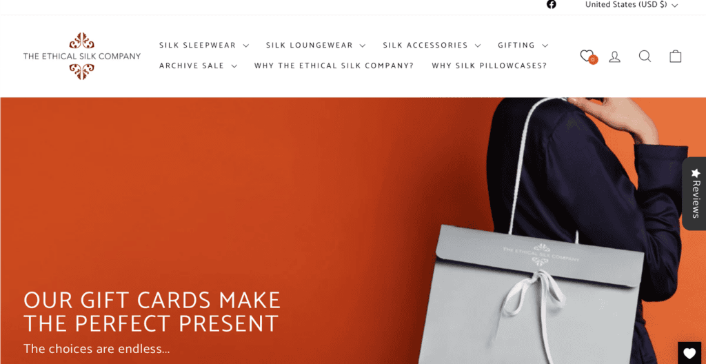 Screenshot of the Ethical Silk Company front page