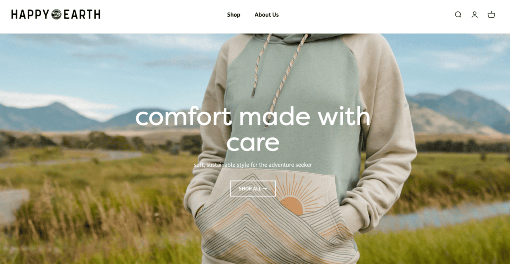 Screenshot of the Happy Earth Apparel front page