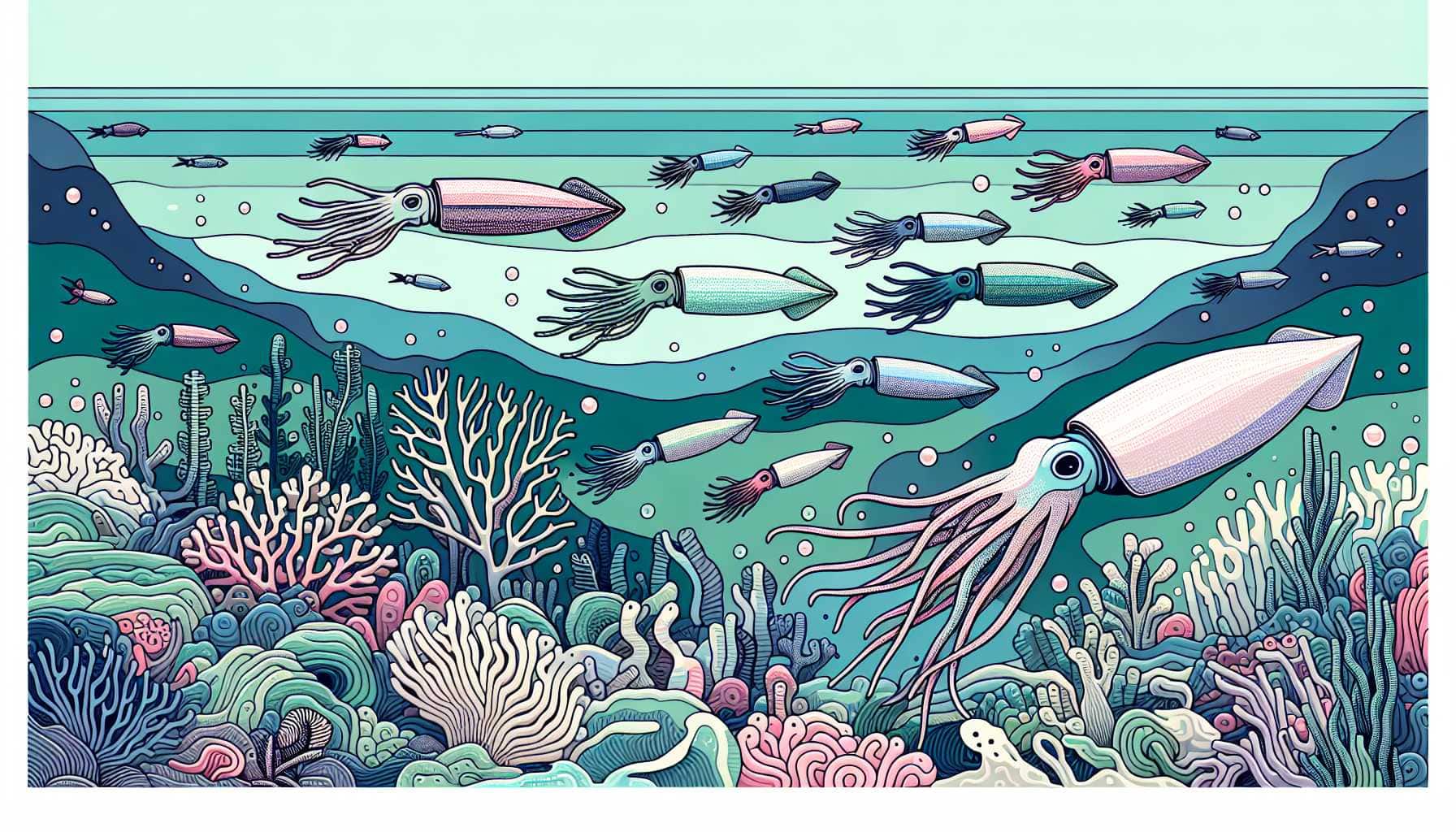 Illustration of various squid species
