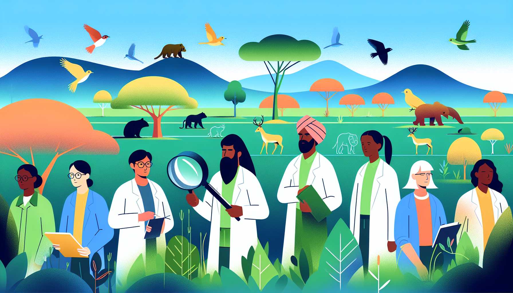 Illustration of researchers in forest