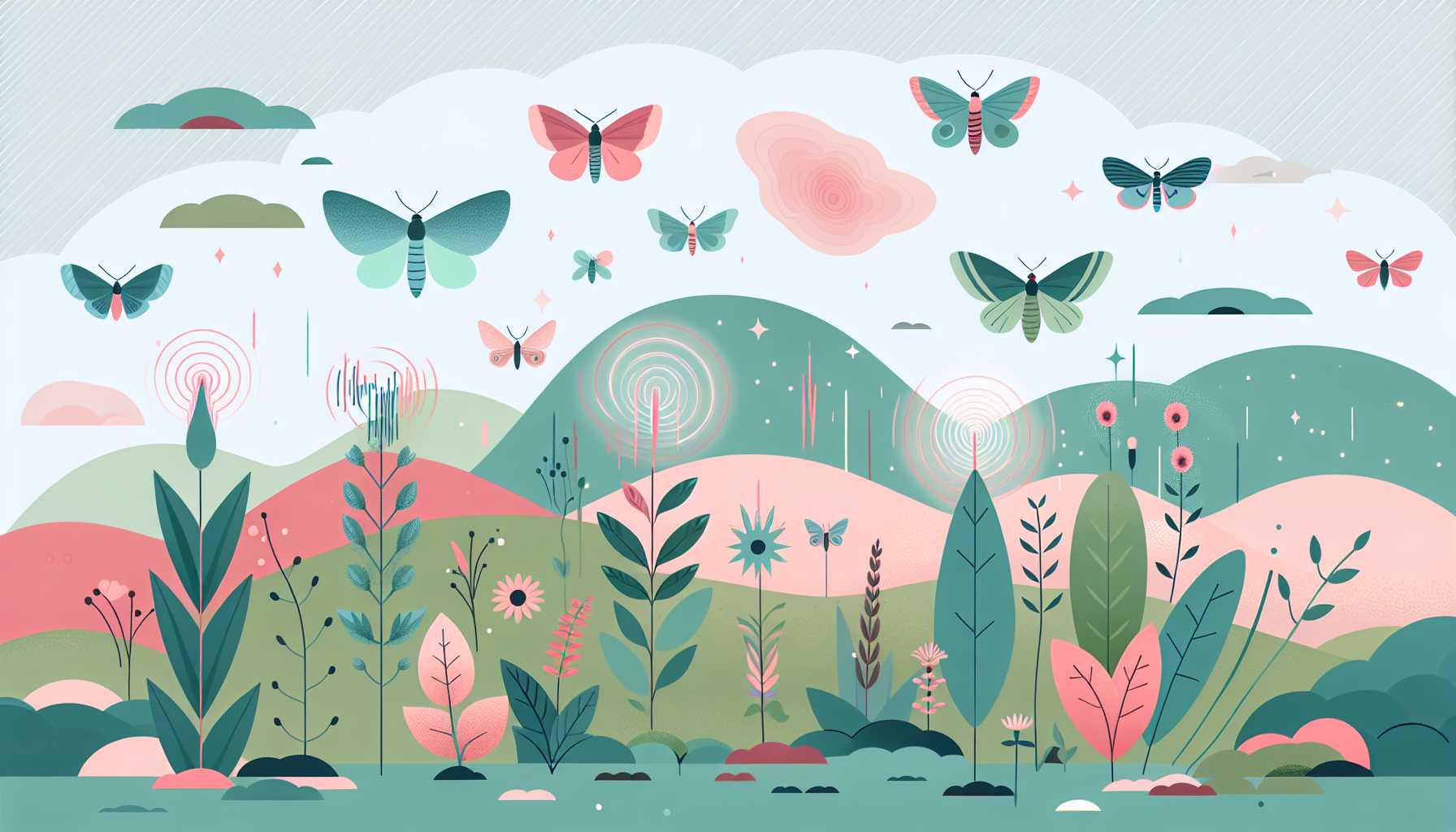 Illustration of moths interacting with plants