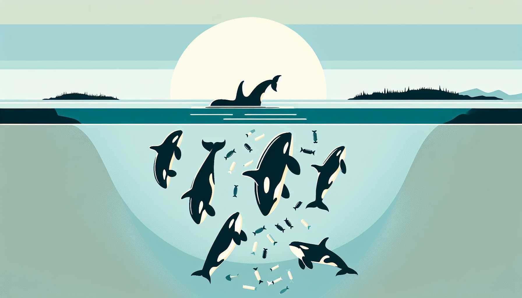 Illustration of orcas sharing food