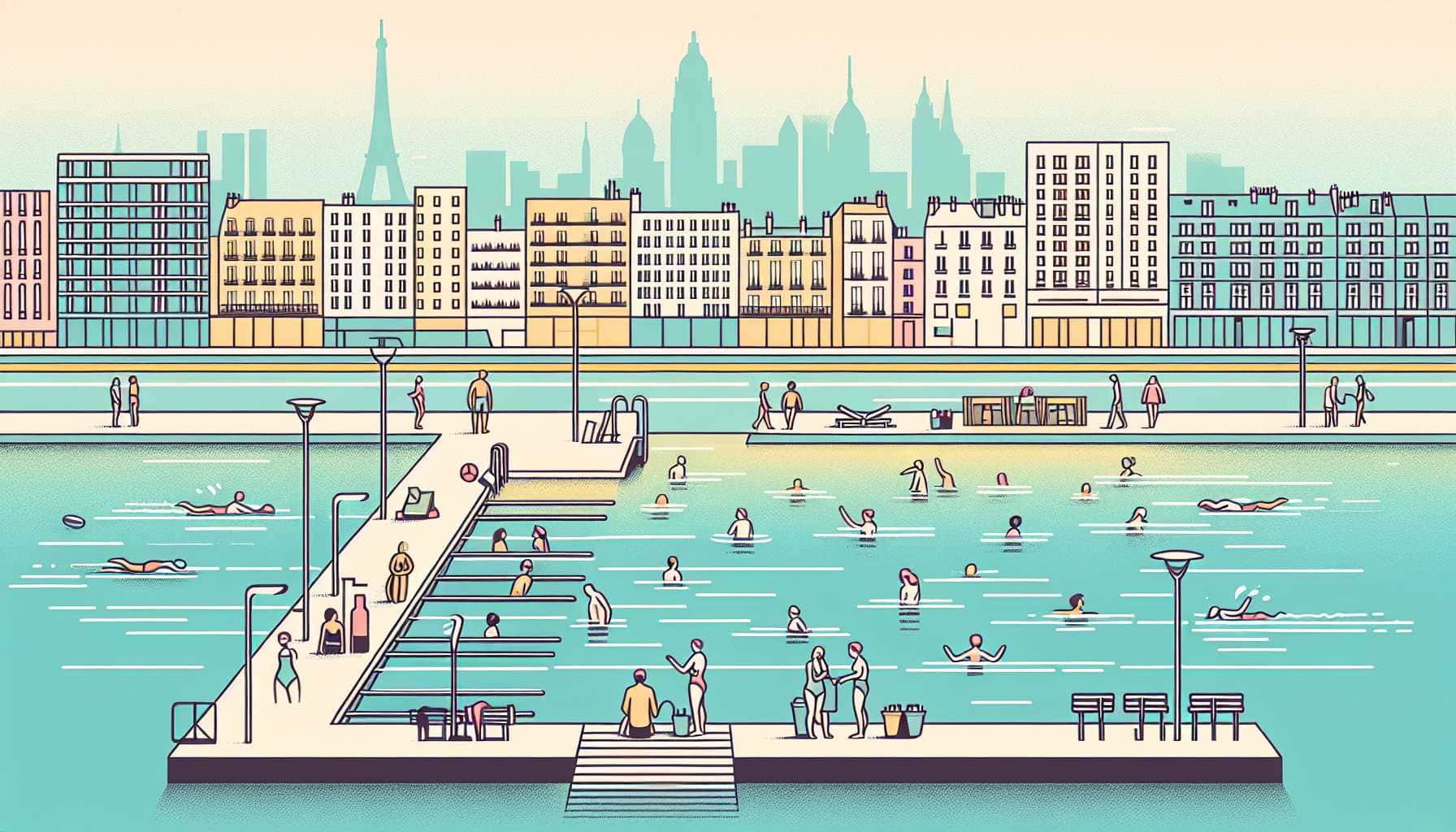 Illustration of Parisians swimming