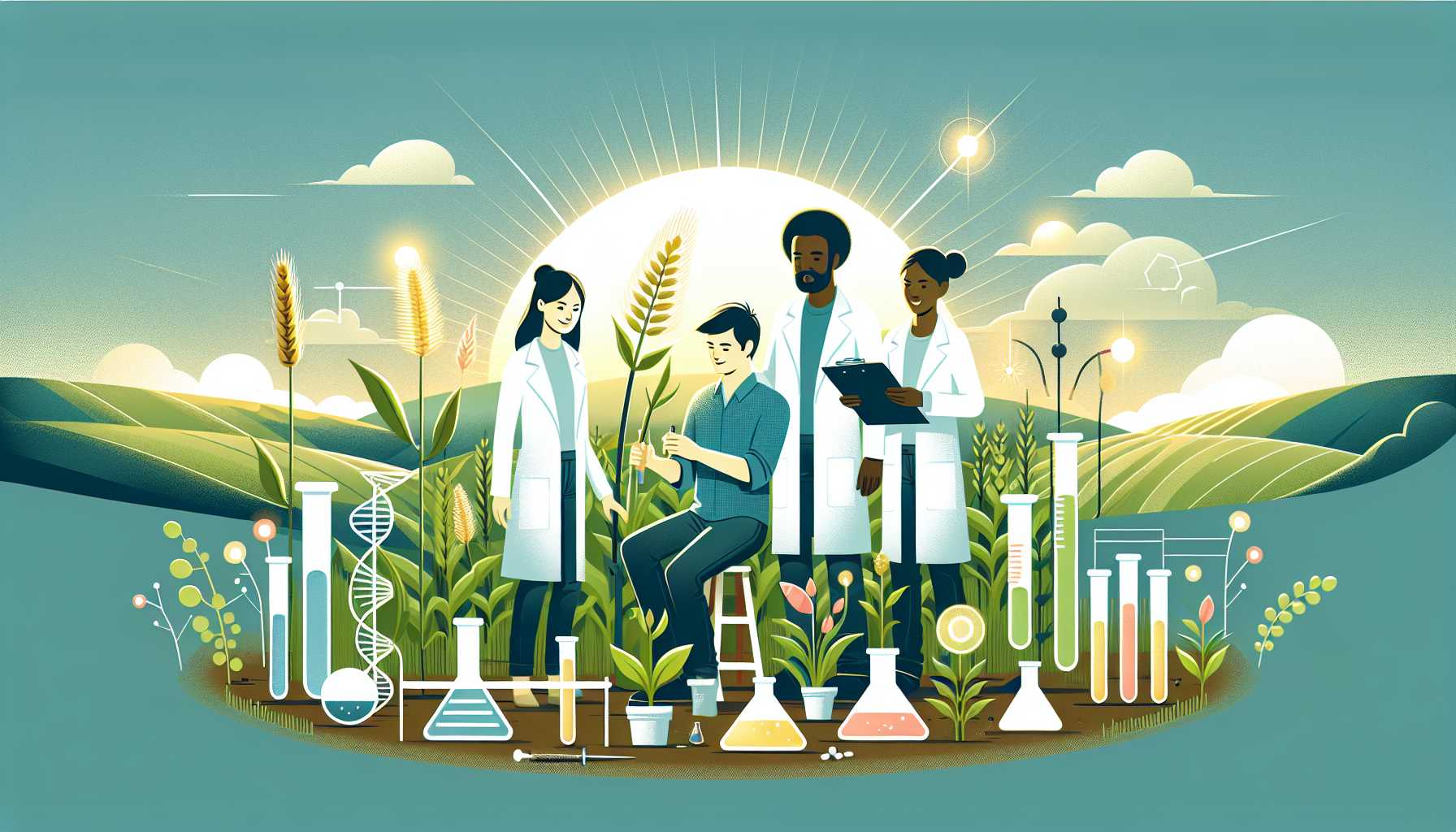 Illustration of diverse researchers studying plants