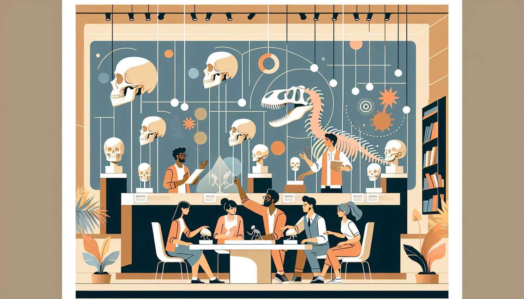 Illustration of diverse students examining fossil skulls