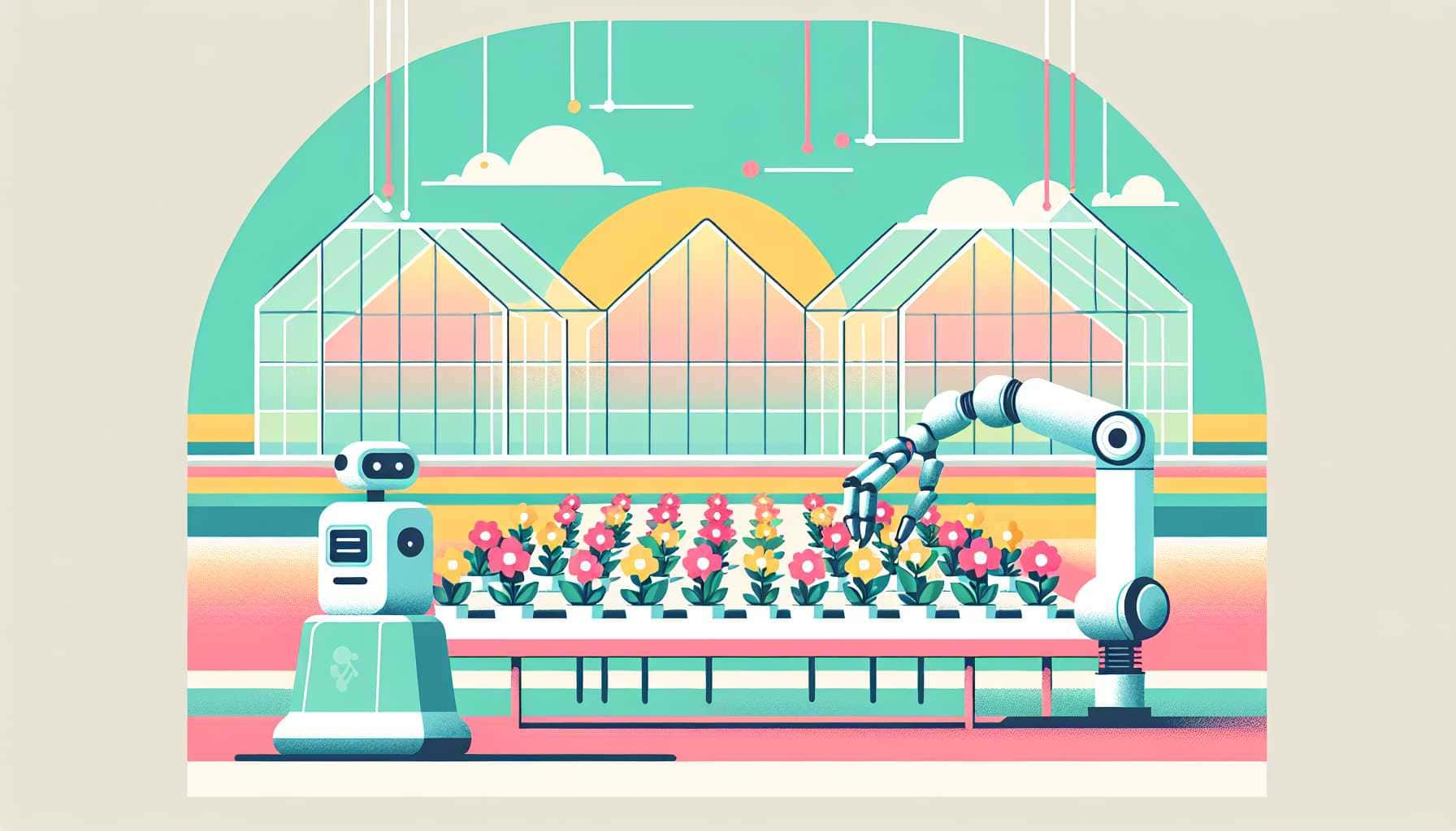 Illustration of AI robot in greenhouse