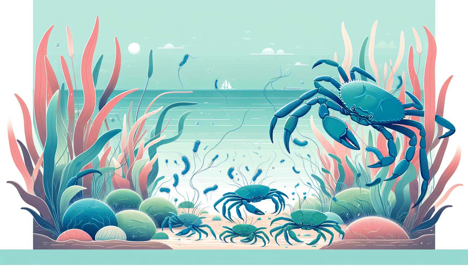 Illustration of blue crabs interacting with worms