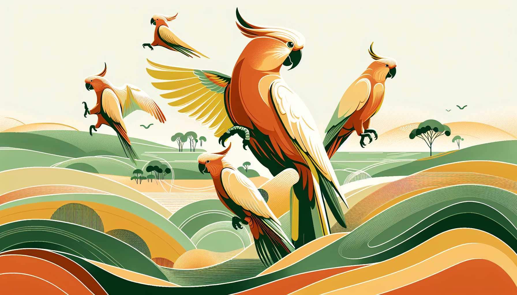 Illustration of cockatoos dancing
