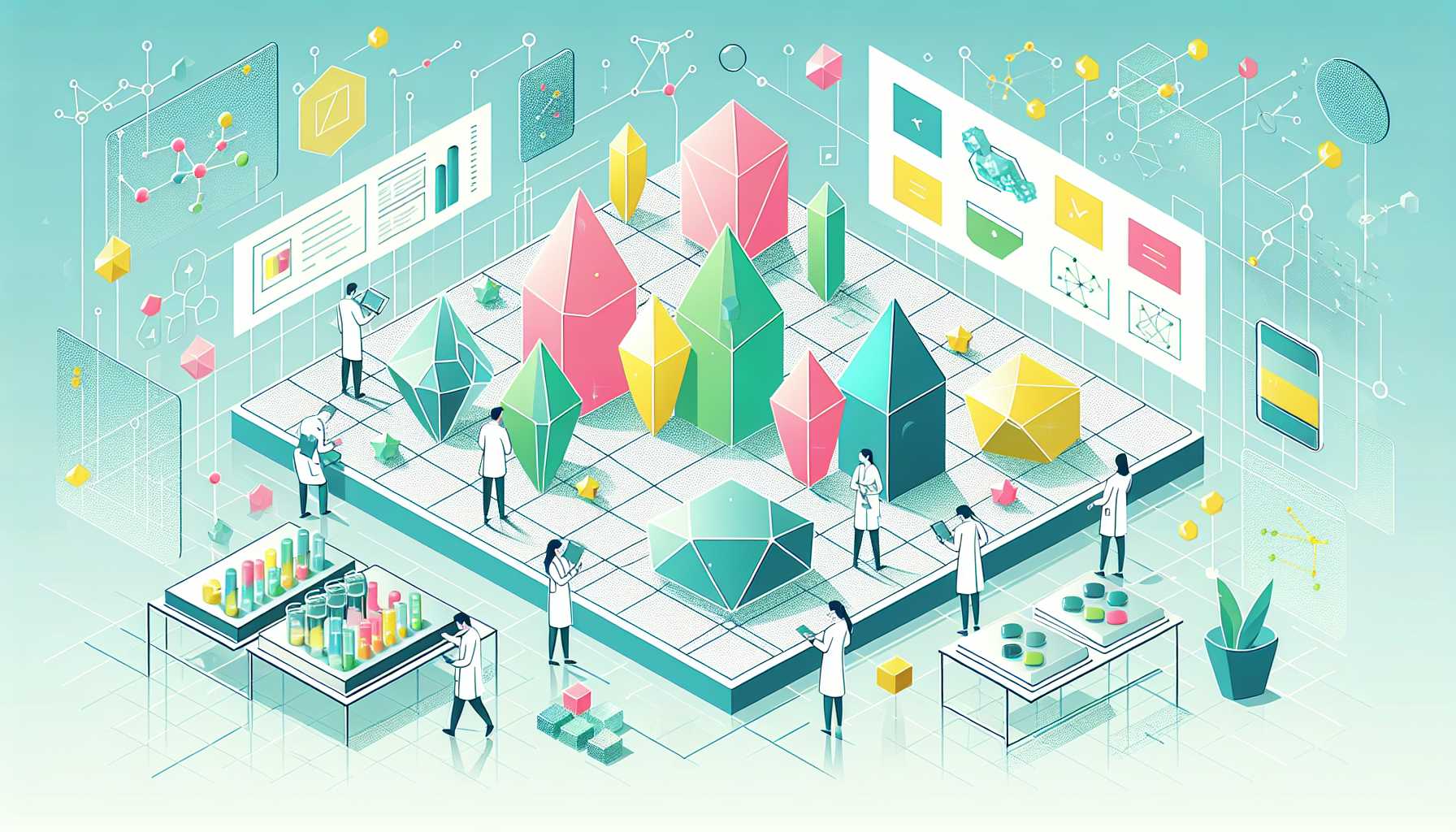 Illustration of scientists analyzing new materials