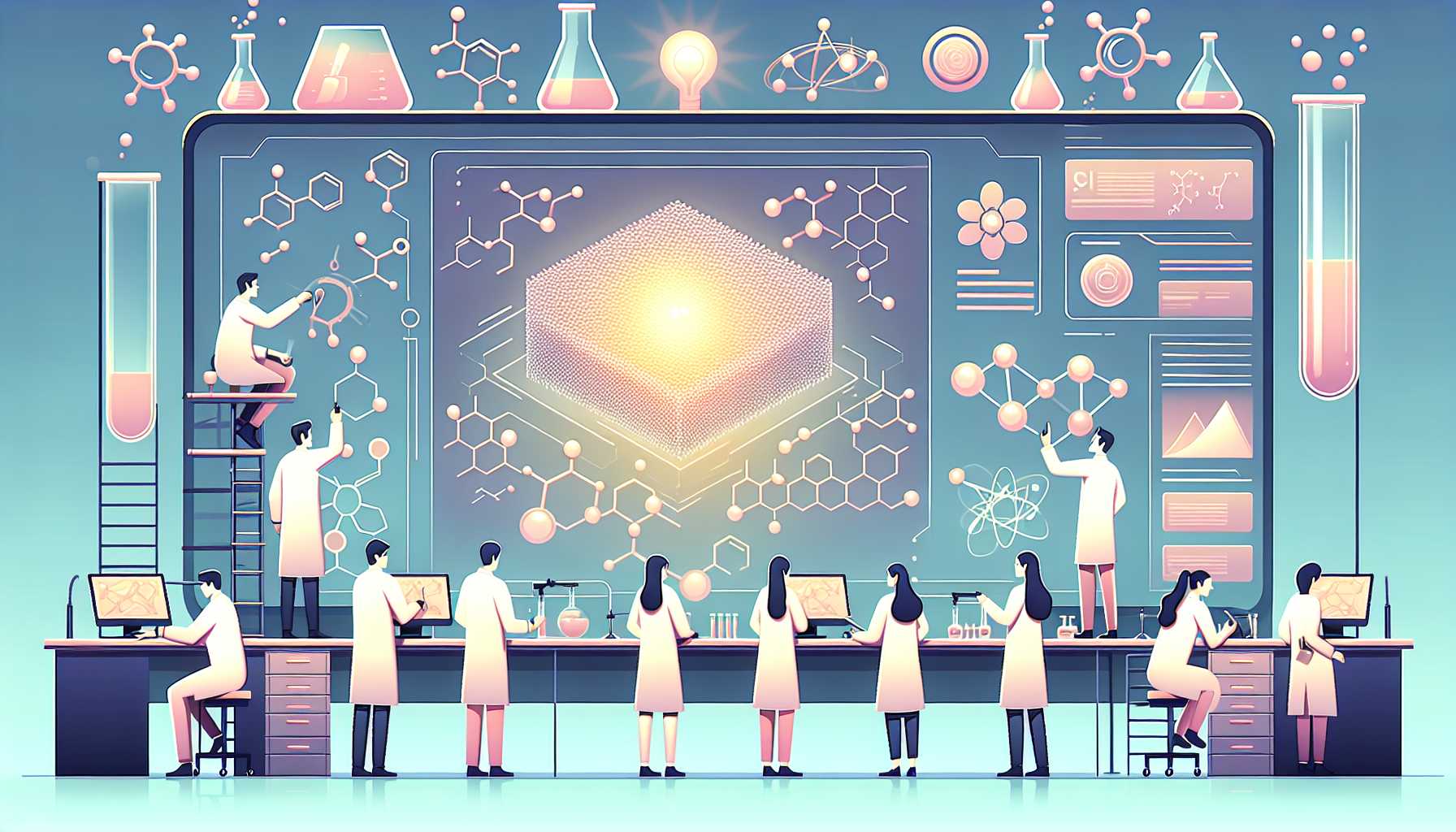 Illustration of scientists studying material