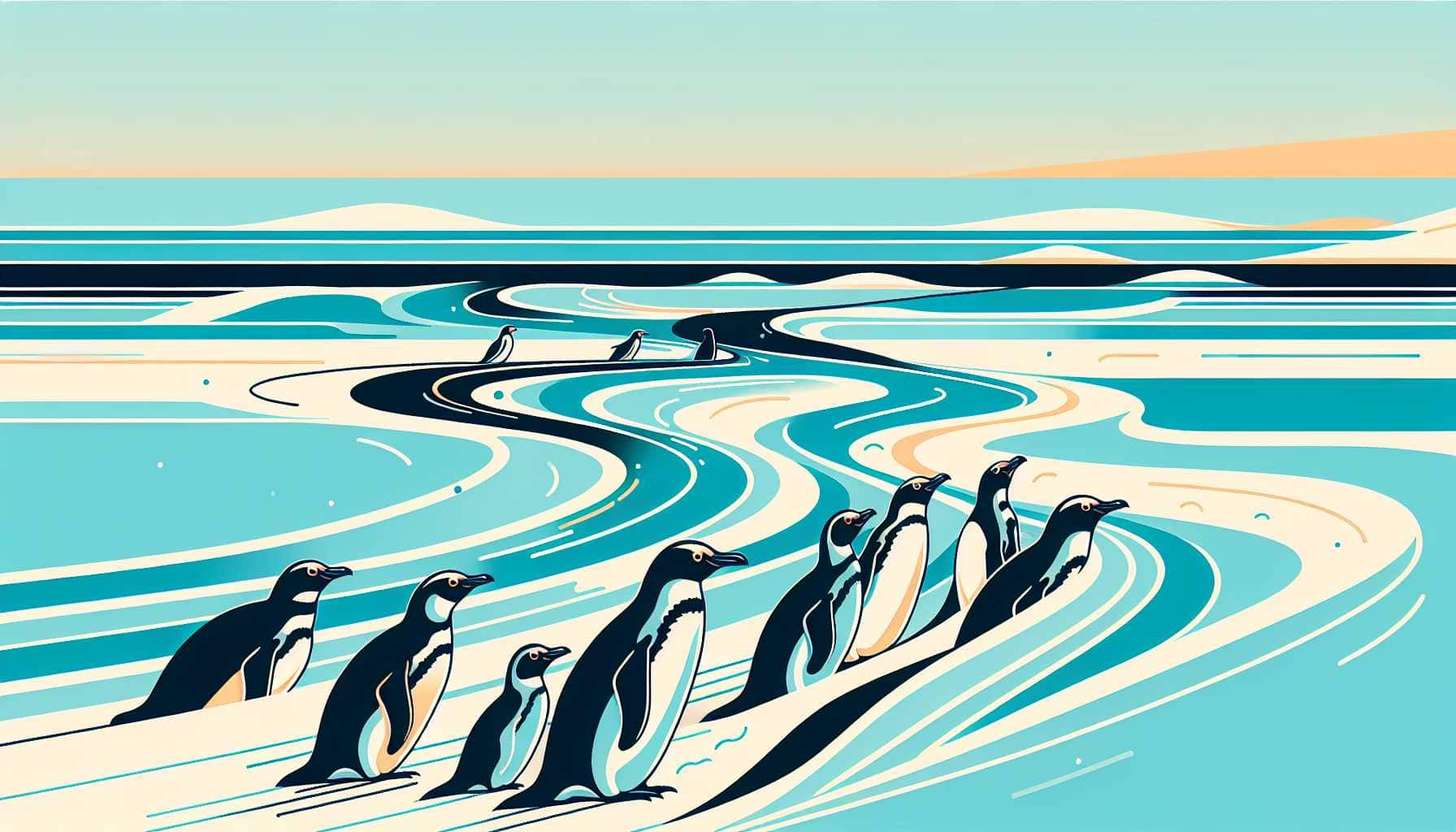 Illustration of Magellanic penguins navigating currents