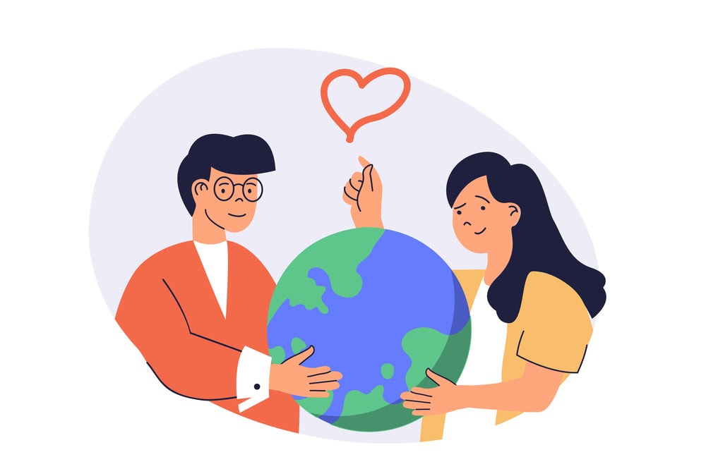 Illustration of two people holding a globe, representing nature and environment (credit: Depositphotos)
