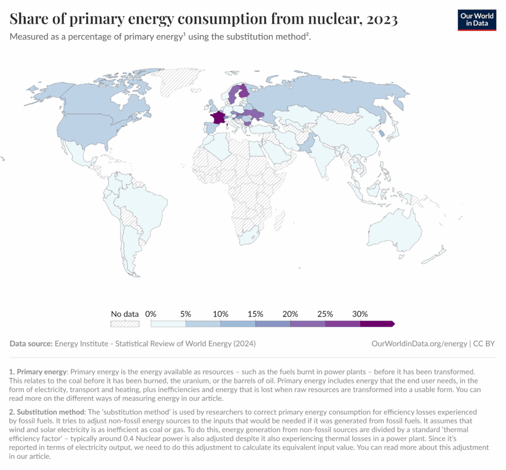 Illustration of Share of primary energy consumption from nuclear, 2023 from Our World in Data
