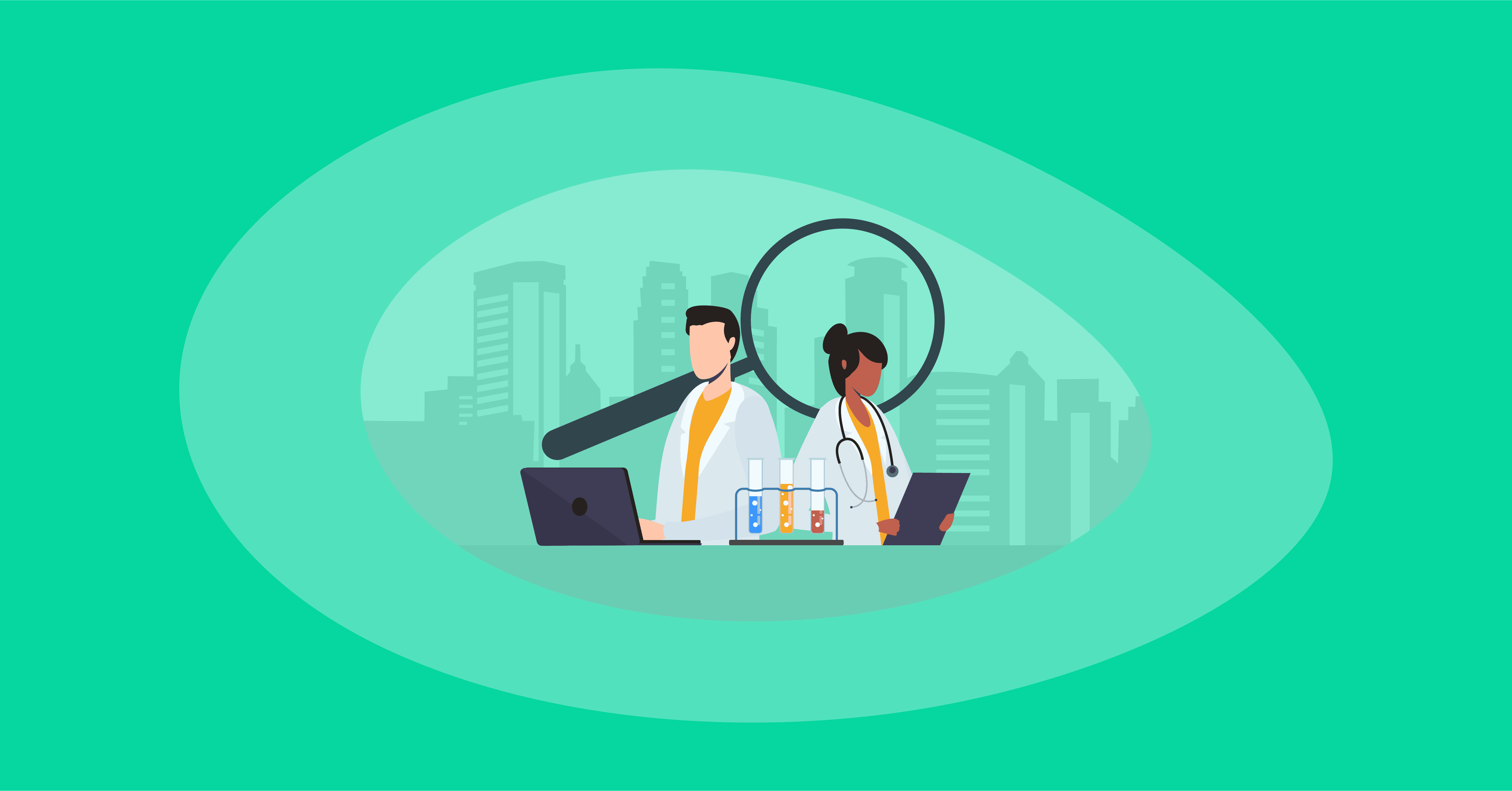 Attempted illustration of two doctors doing medical research