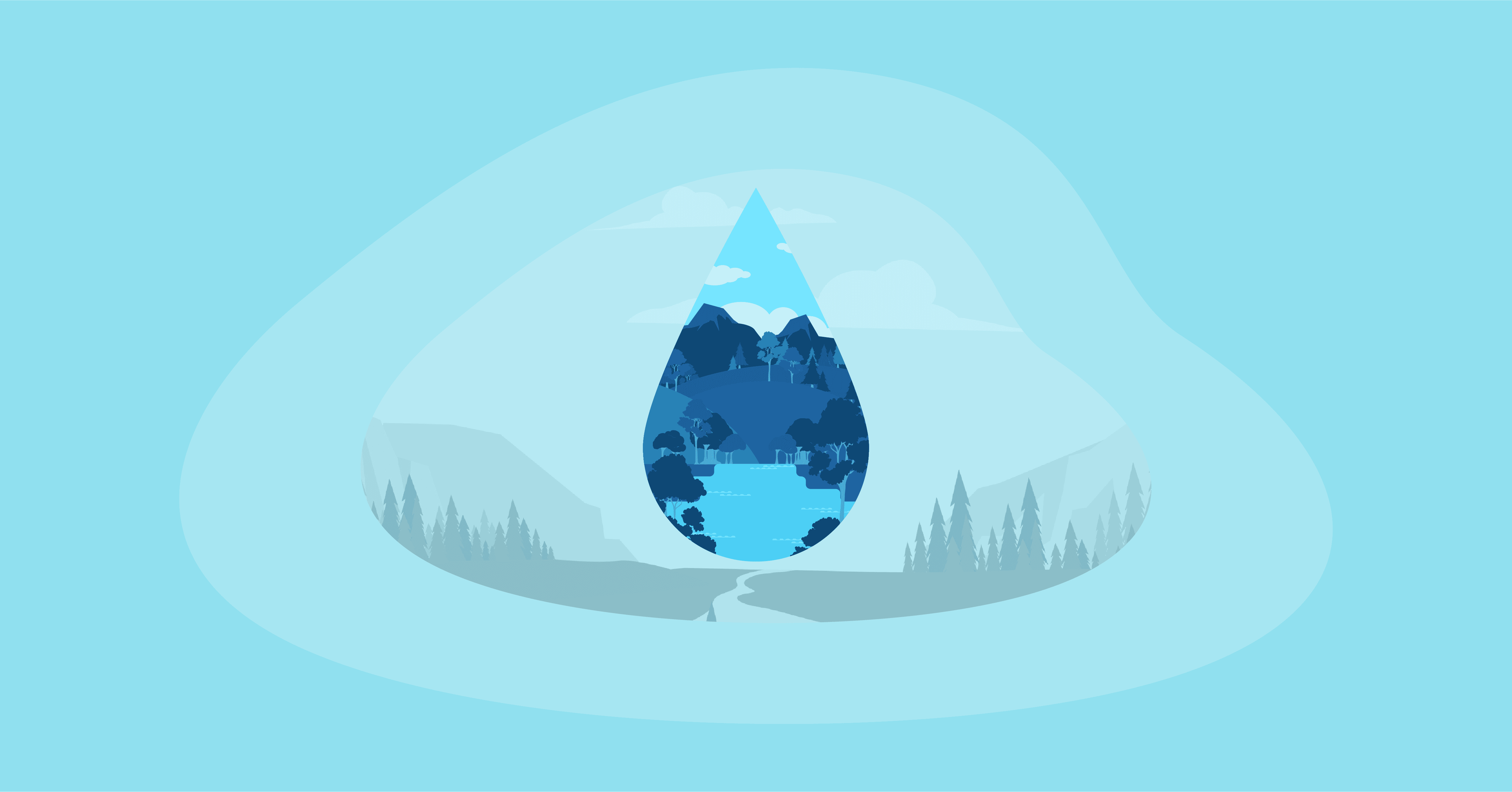Illustration of a big water drop containing another illustration of nature