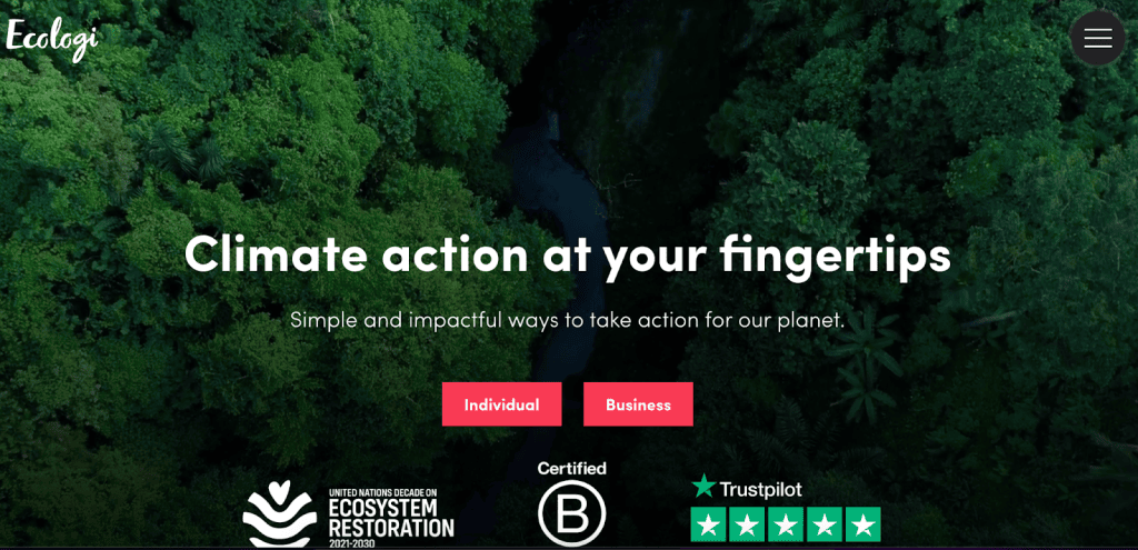Screenshot of the Ecologi front page