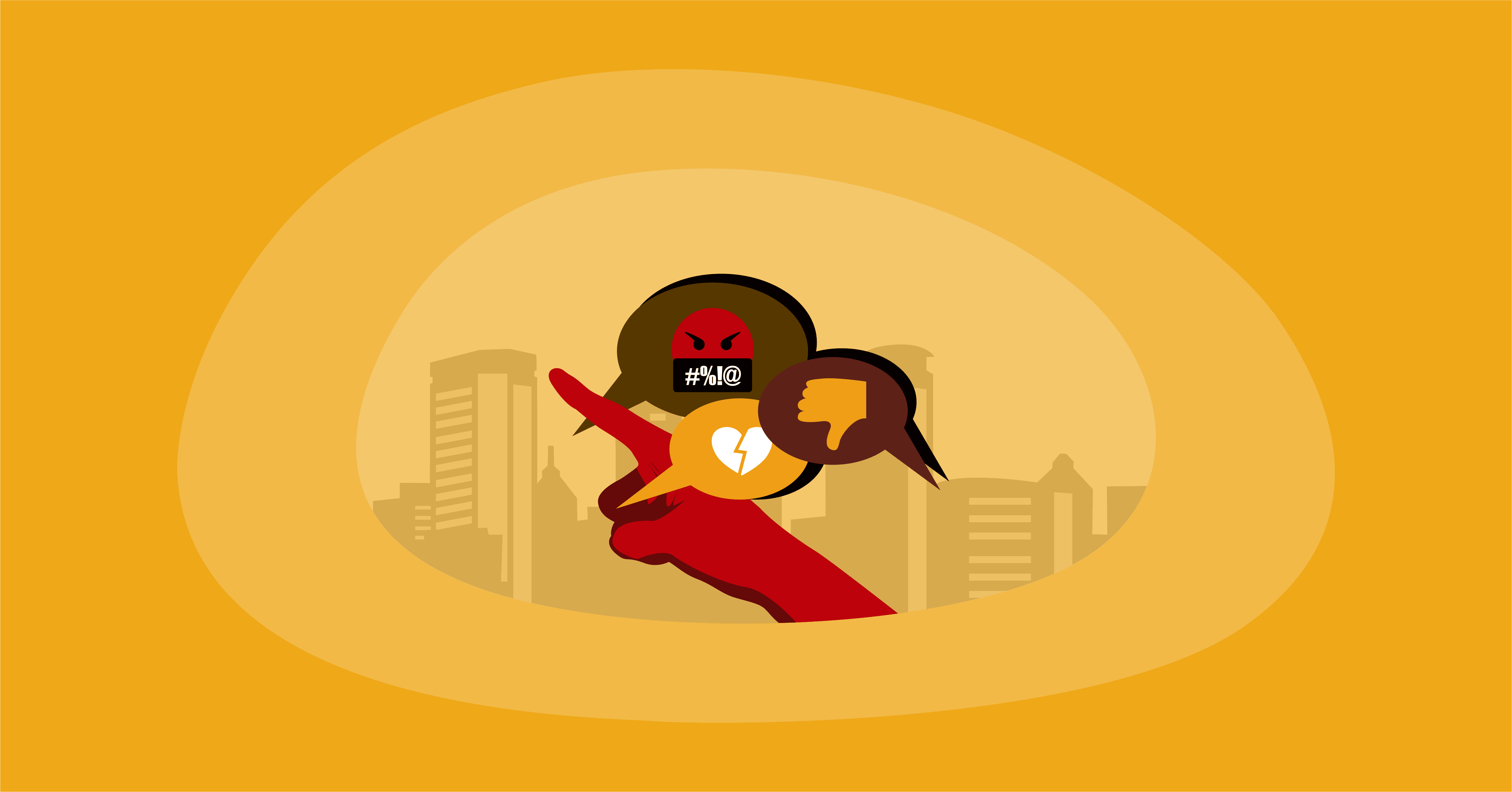 Illustration of hate emojis and a pointing finger