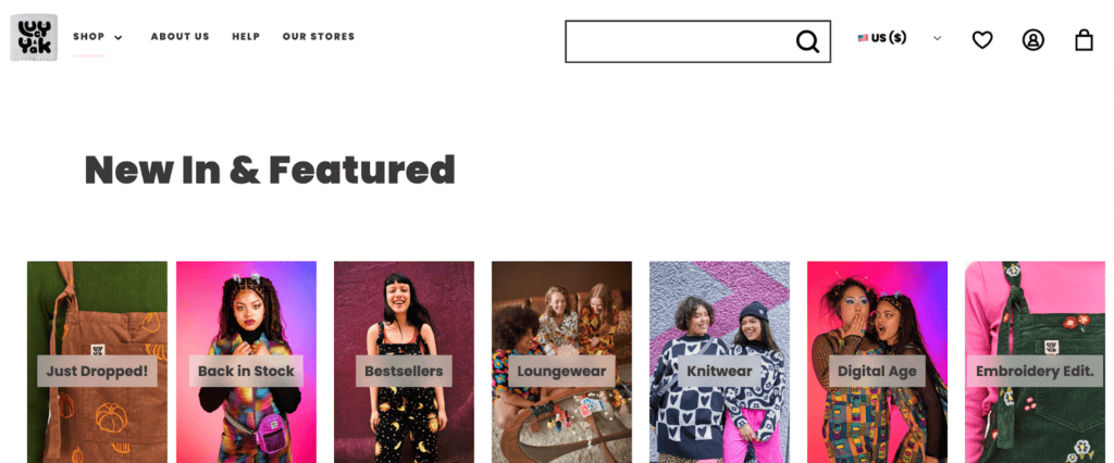 Screenshot of the Lucy & Yak front page