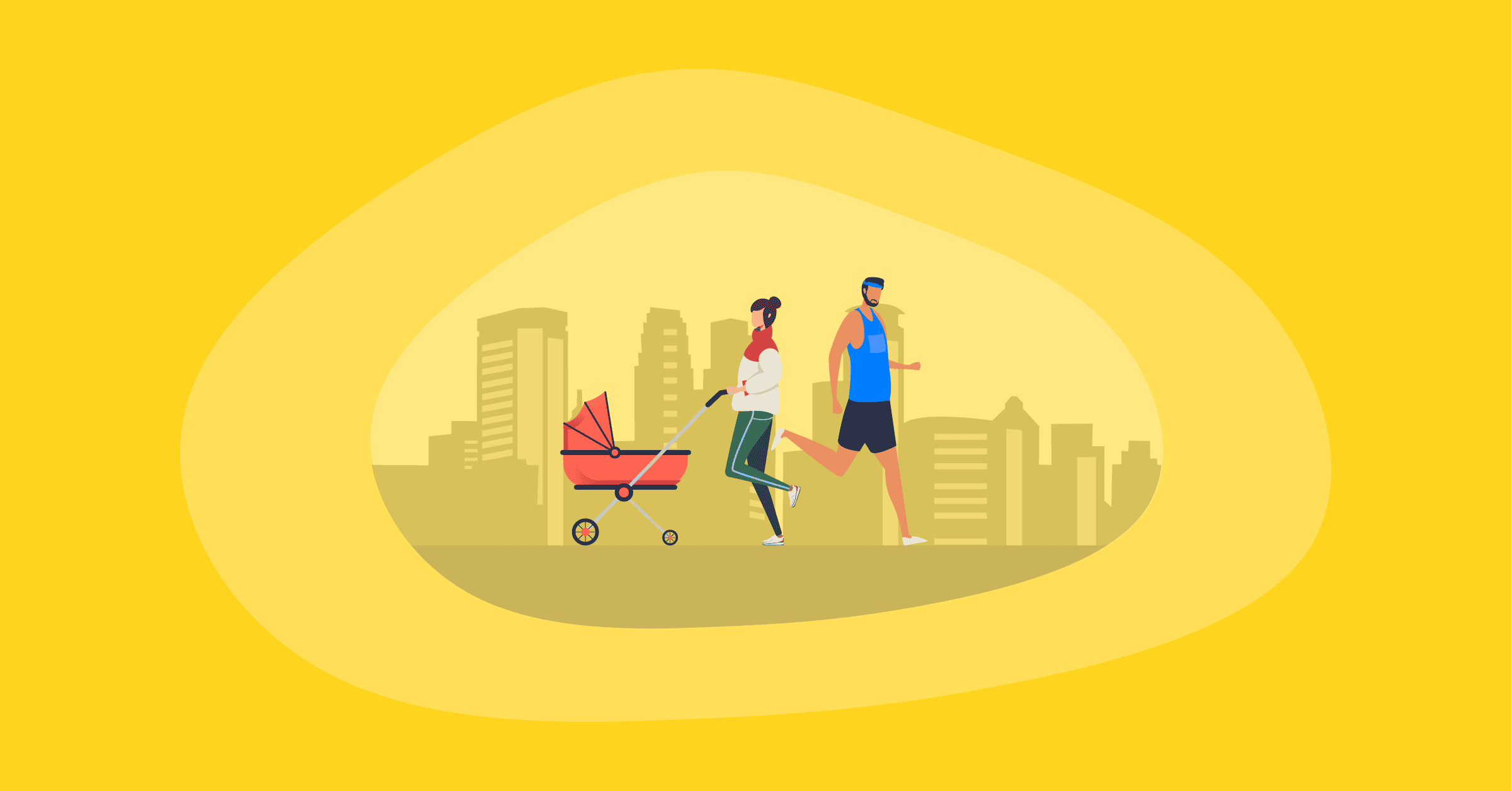 Illustration of a man working out and a woman pushing a pram
