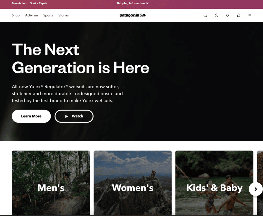 Screenshot of the Patagonia front page