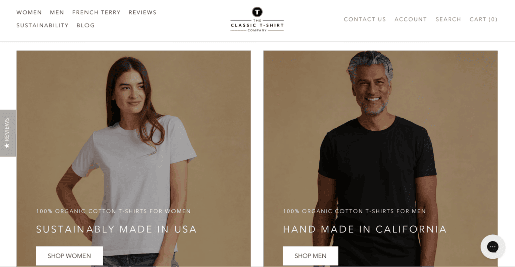 Screenshot of the The Classic T-Shirt Company front page