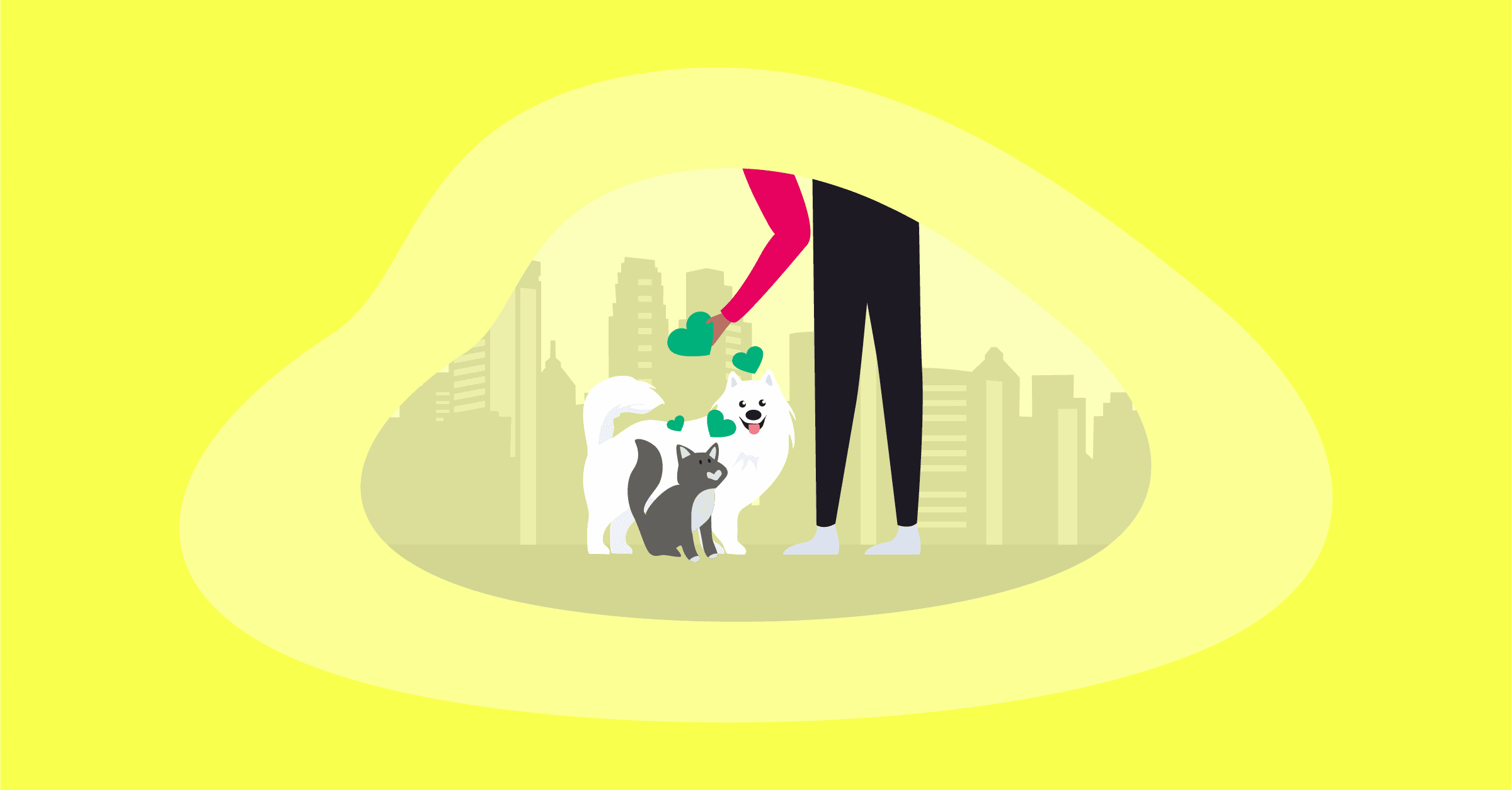 Illustration of a person petting a cat and a dog