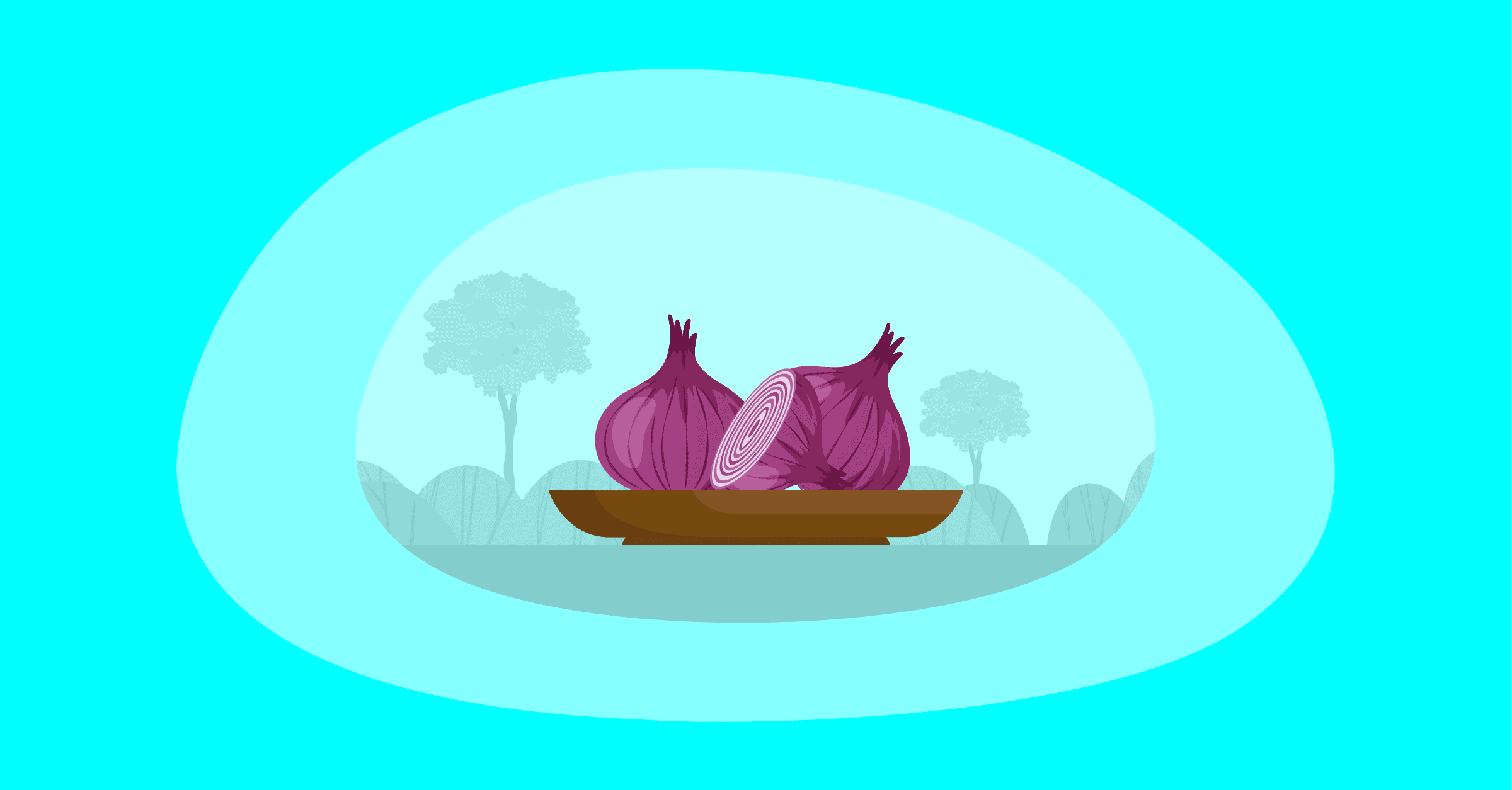 Illustration of onions in a wooden platter