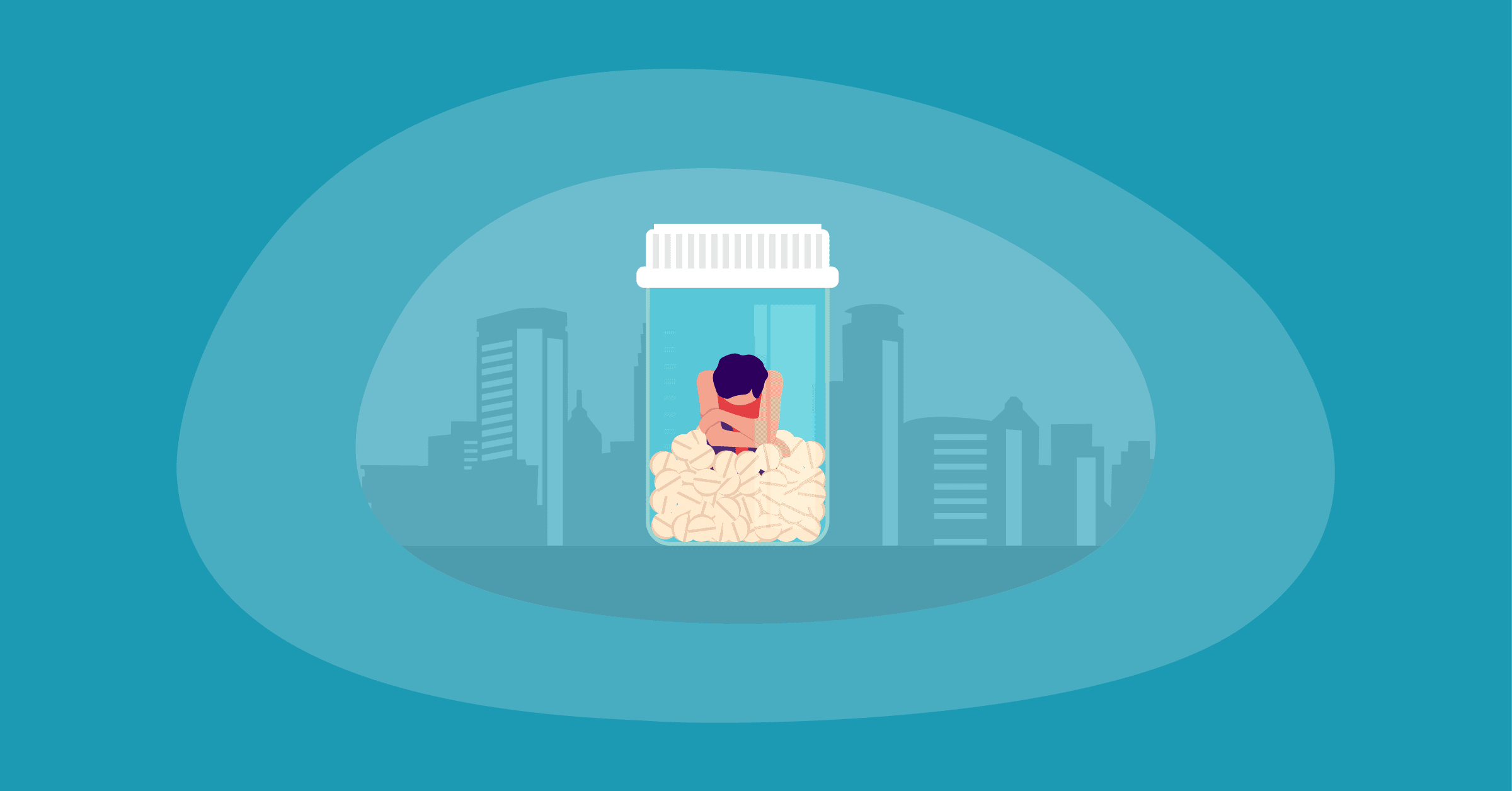 Illustration of a person inside a bottle of drugs