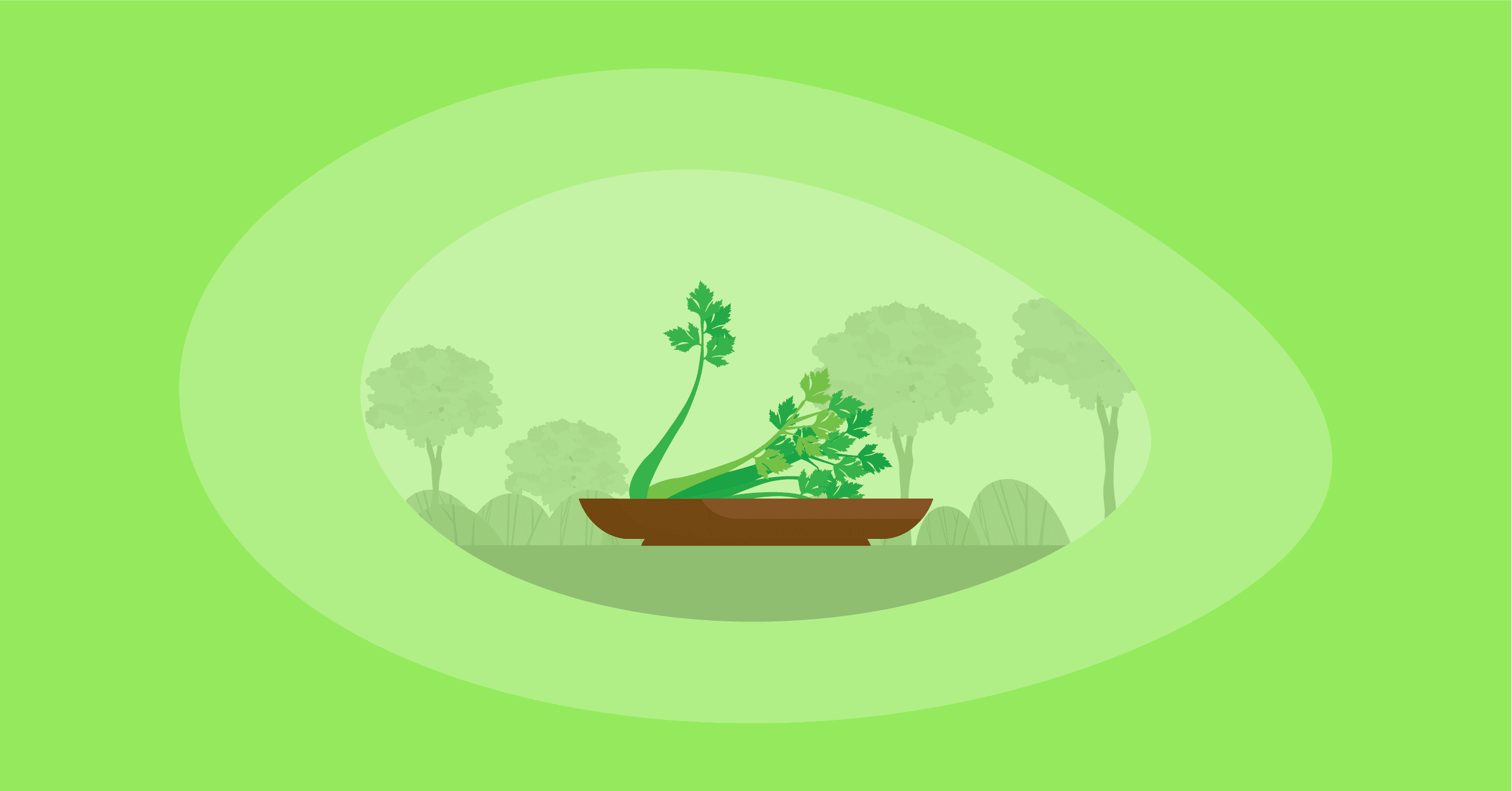Illustration of celery in a wooden platter