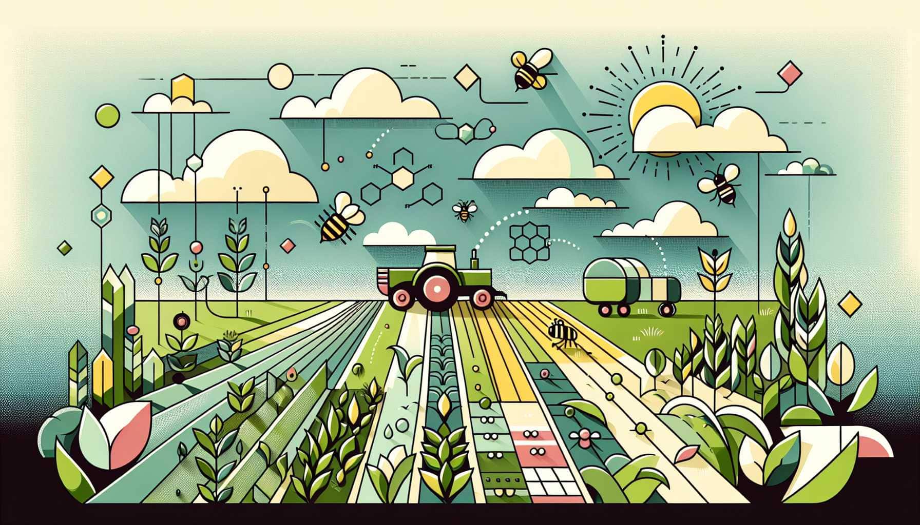 Illustration of bees buzzing over crops