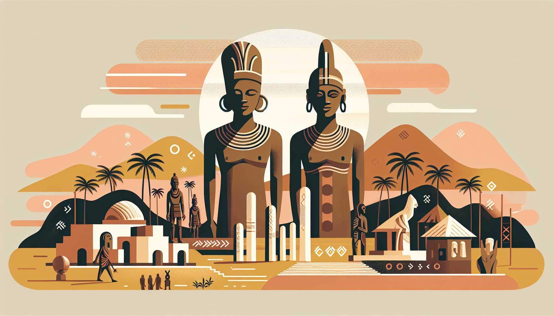 Illustration of bronze statues in landscape