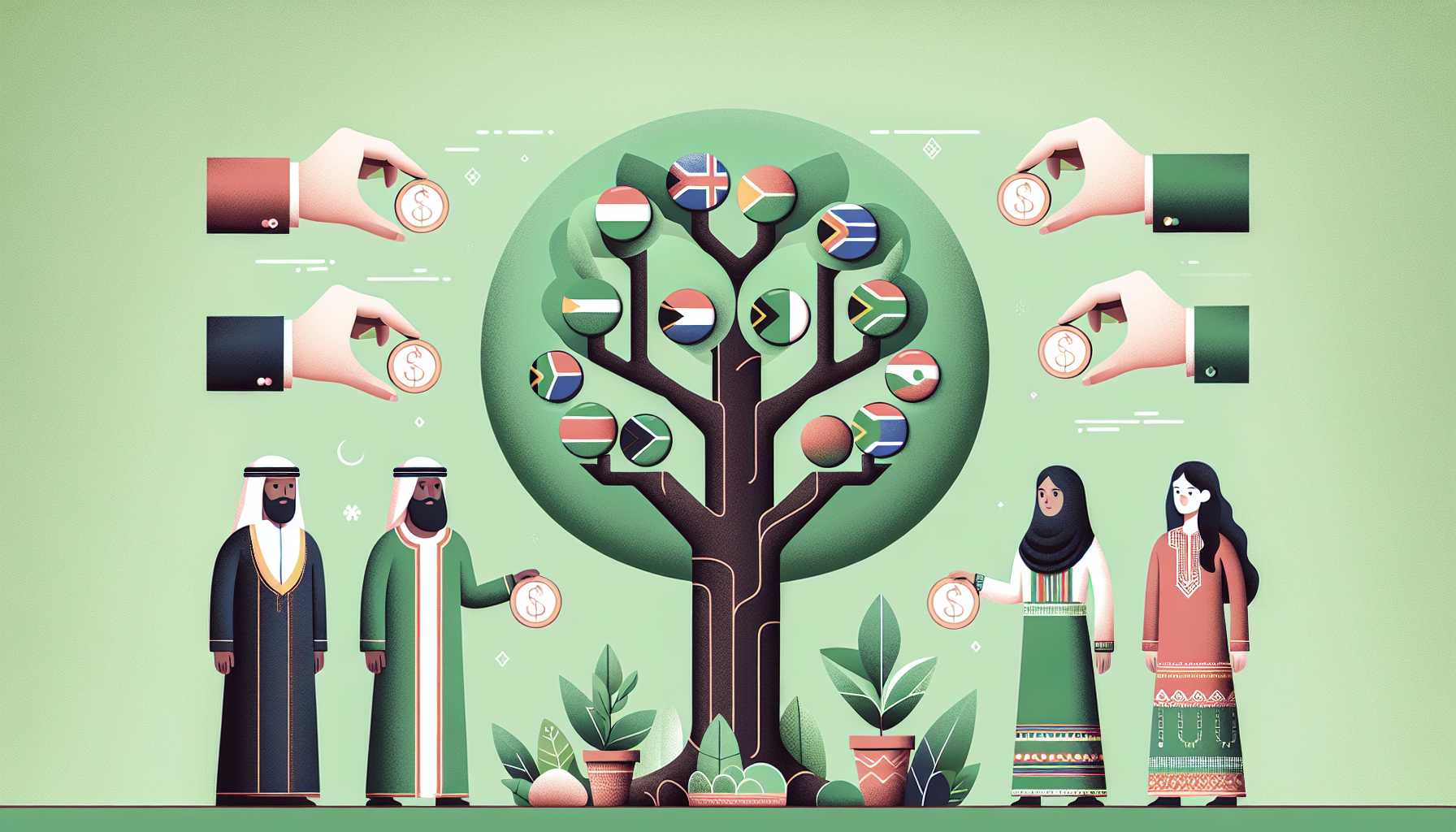 Illustration of diverse individuals exchanging carbon credits