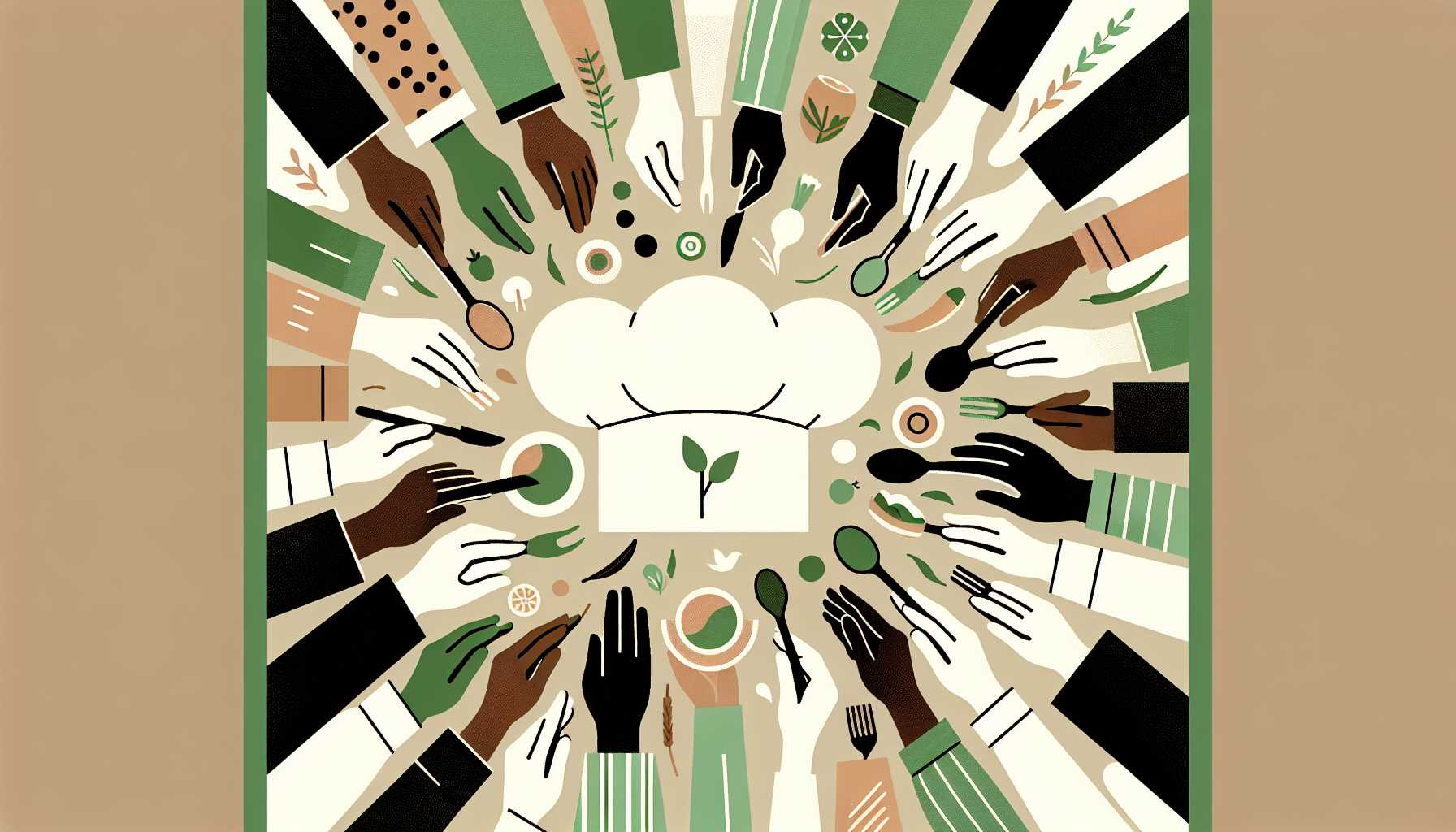 Illustration of diverse hands crafting vegan dishes