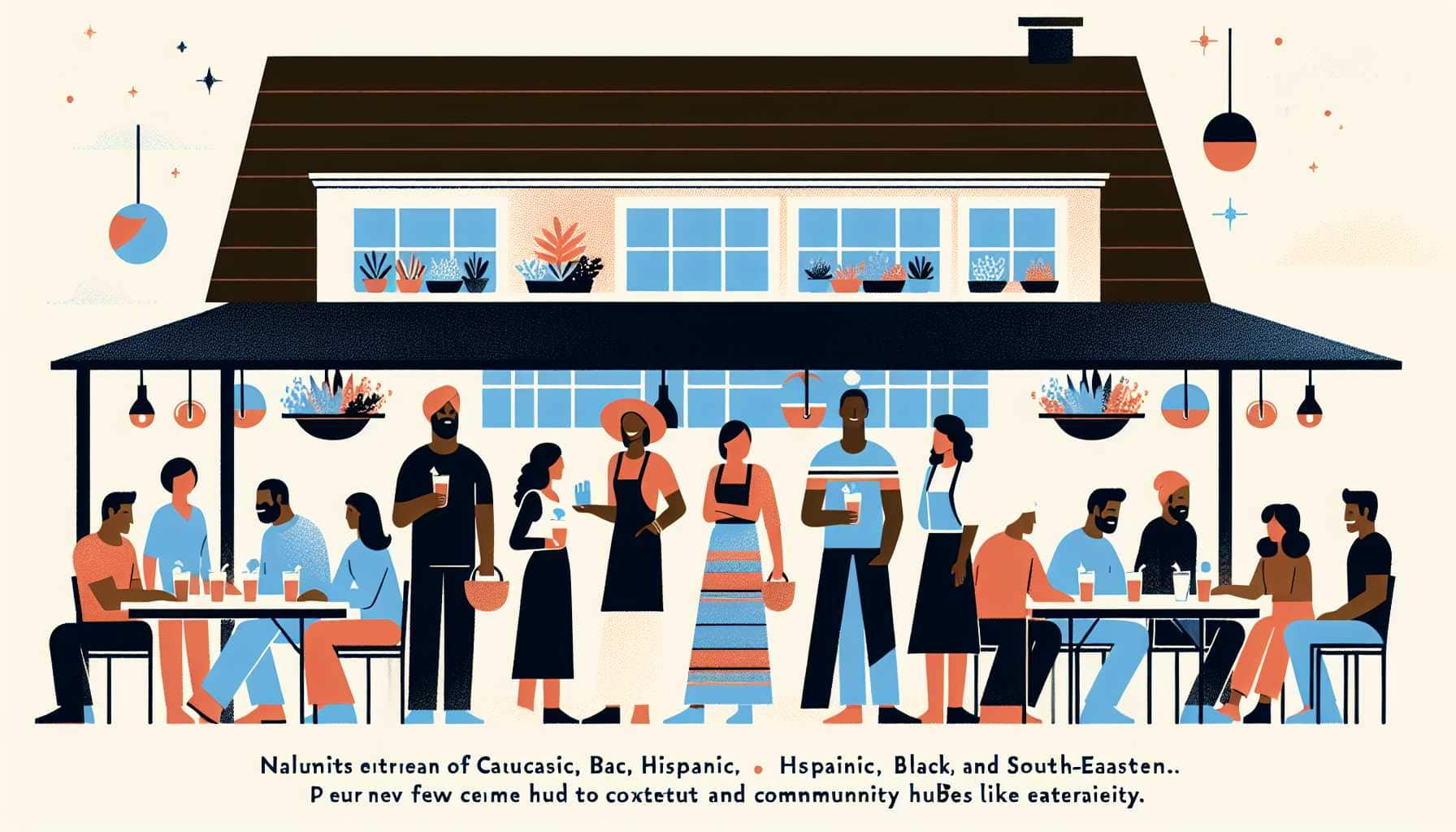 Illustration of a community gathering outside a restaurant