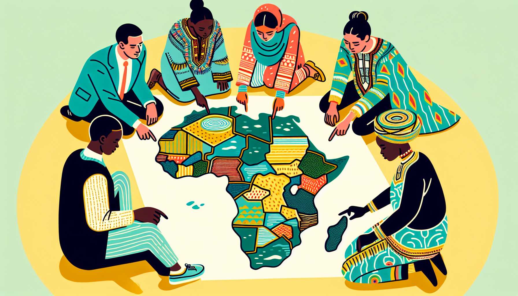 Illustration of four people examining a map