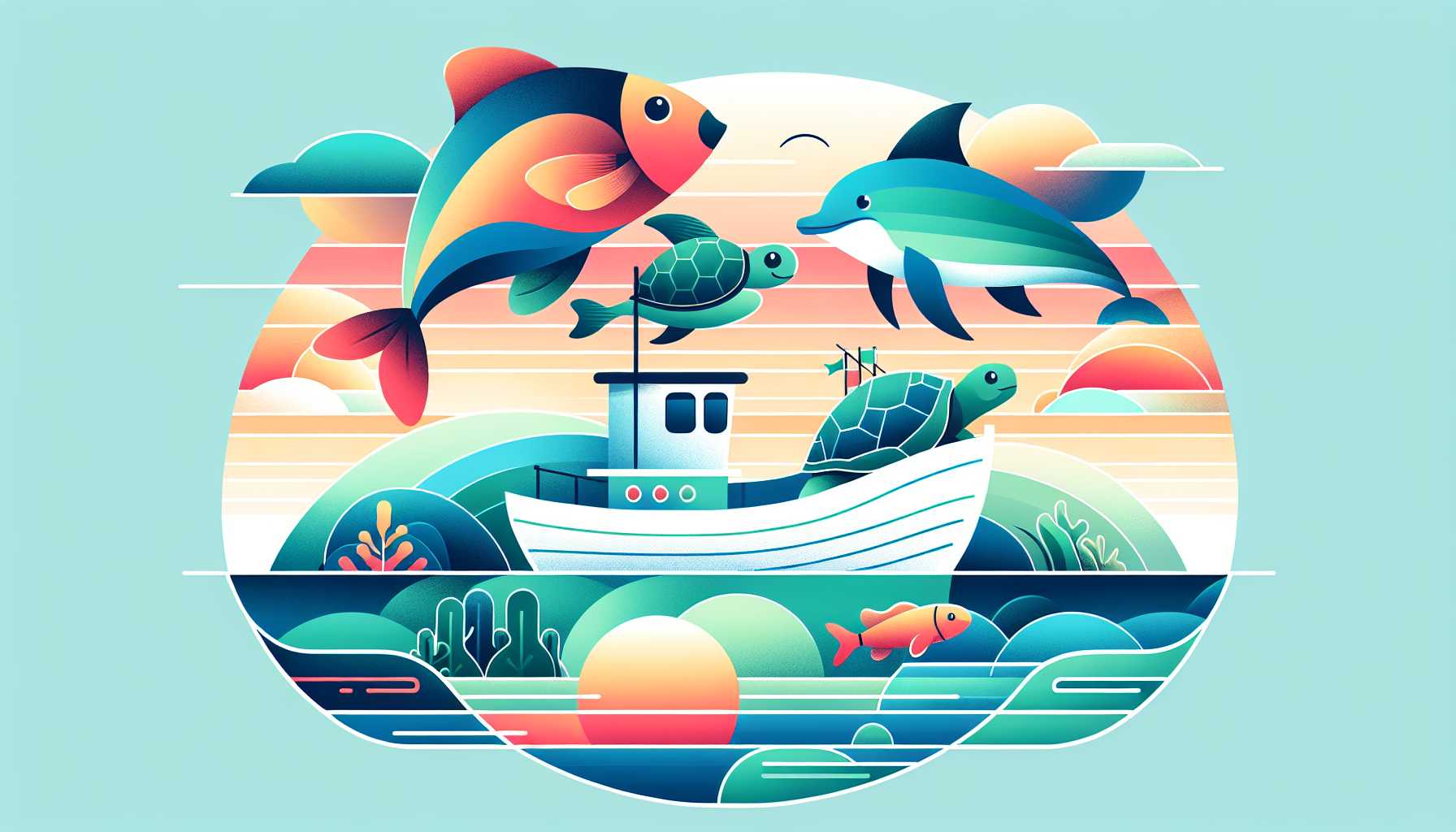Illustration of fishing boat and sea animals