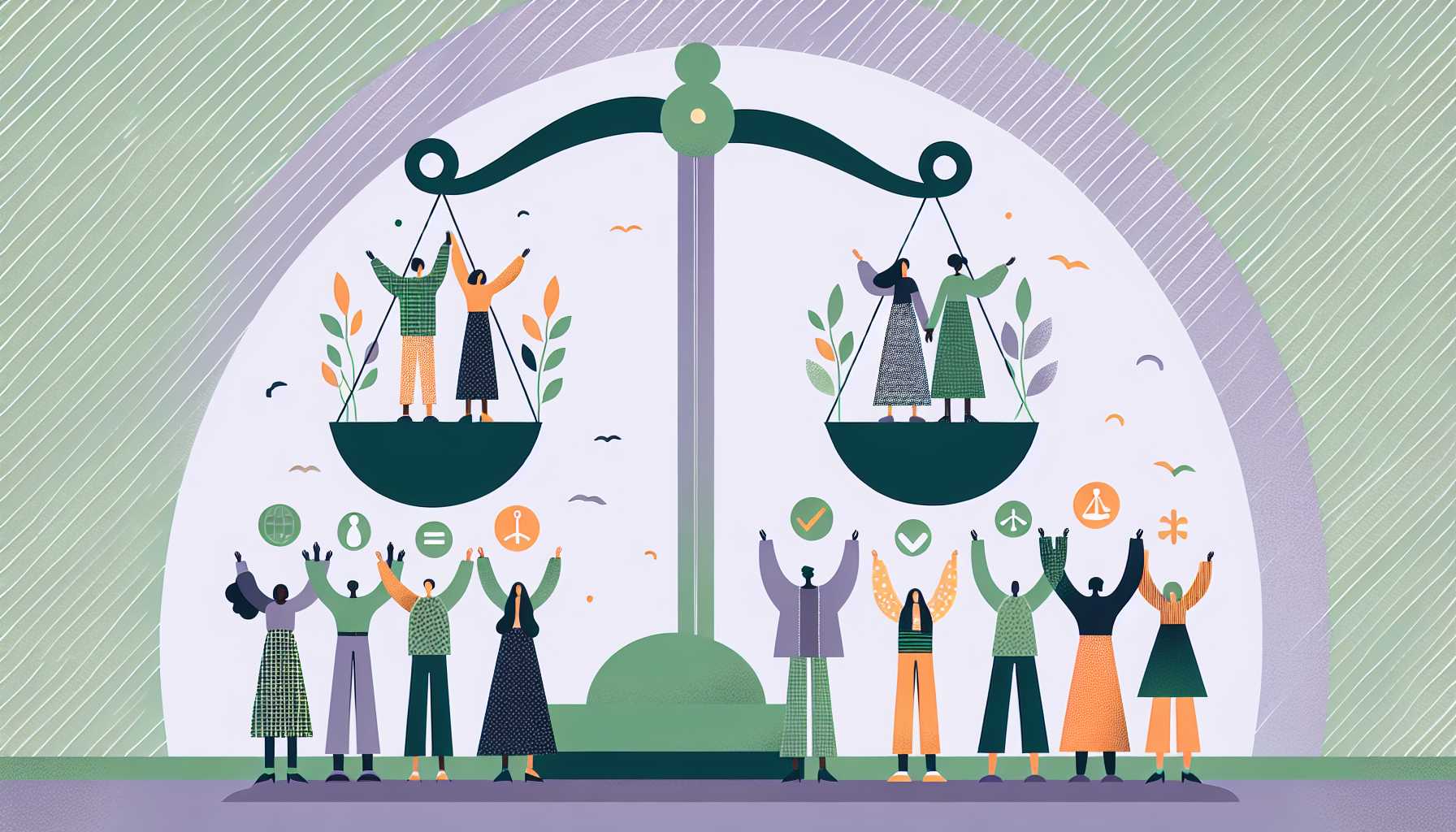 Illustration of diverse people around a balancing scale