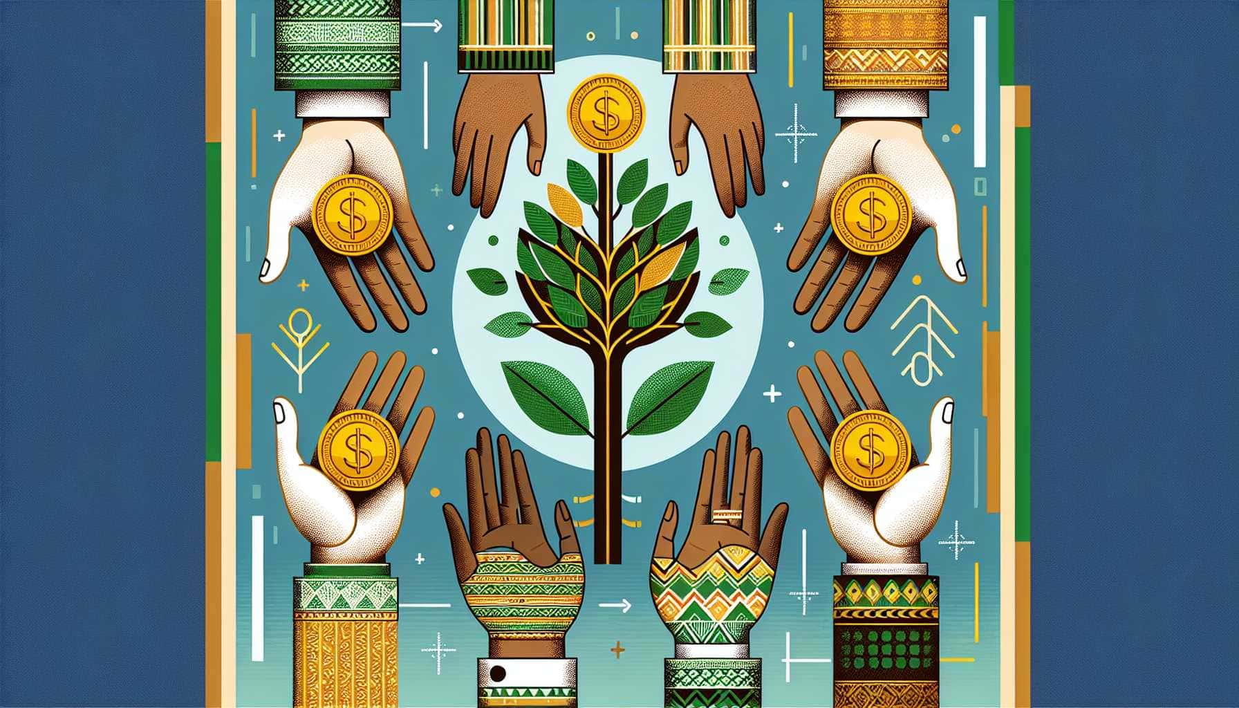 Illustration of diverse hands holding growth symbols