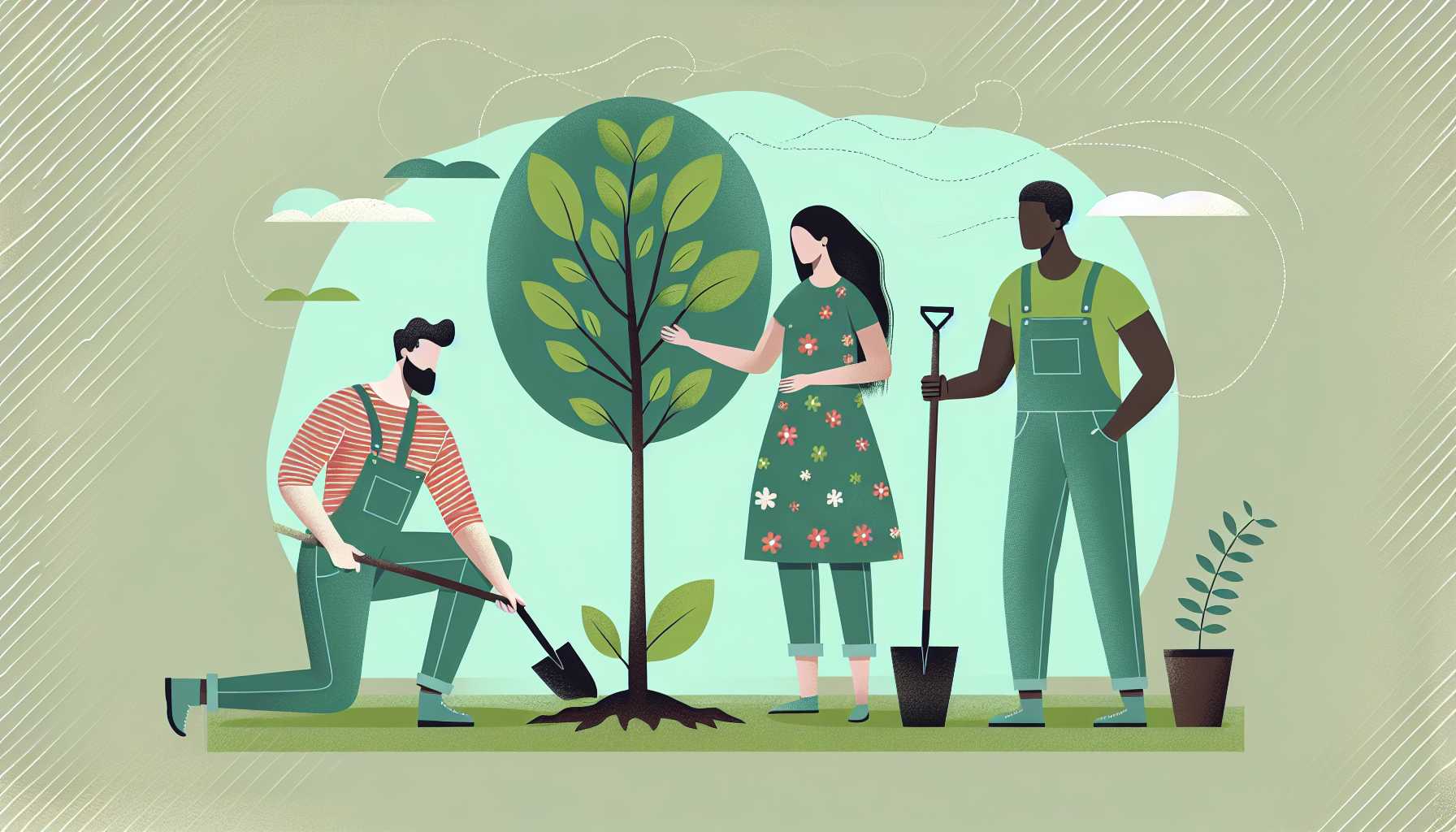 Illustration of diverse individuals planting trees