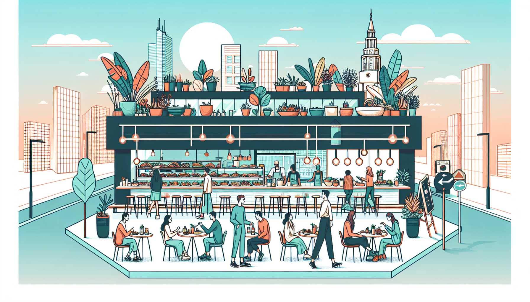Illustration of a vibrant vegan restaurant