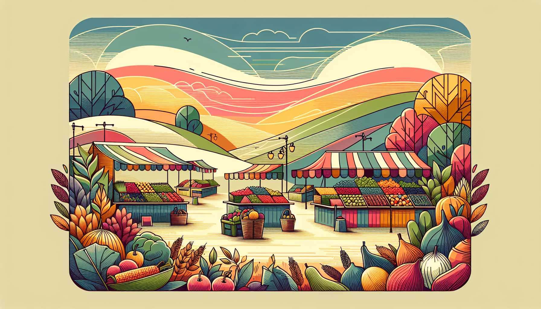 Illustration of a lively farmers market
