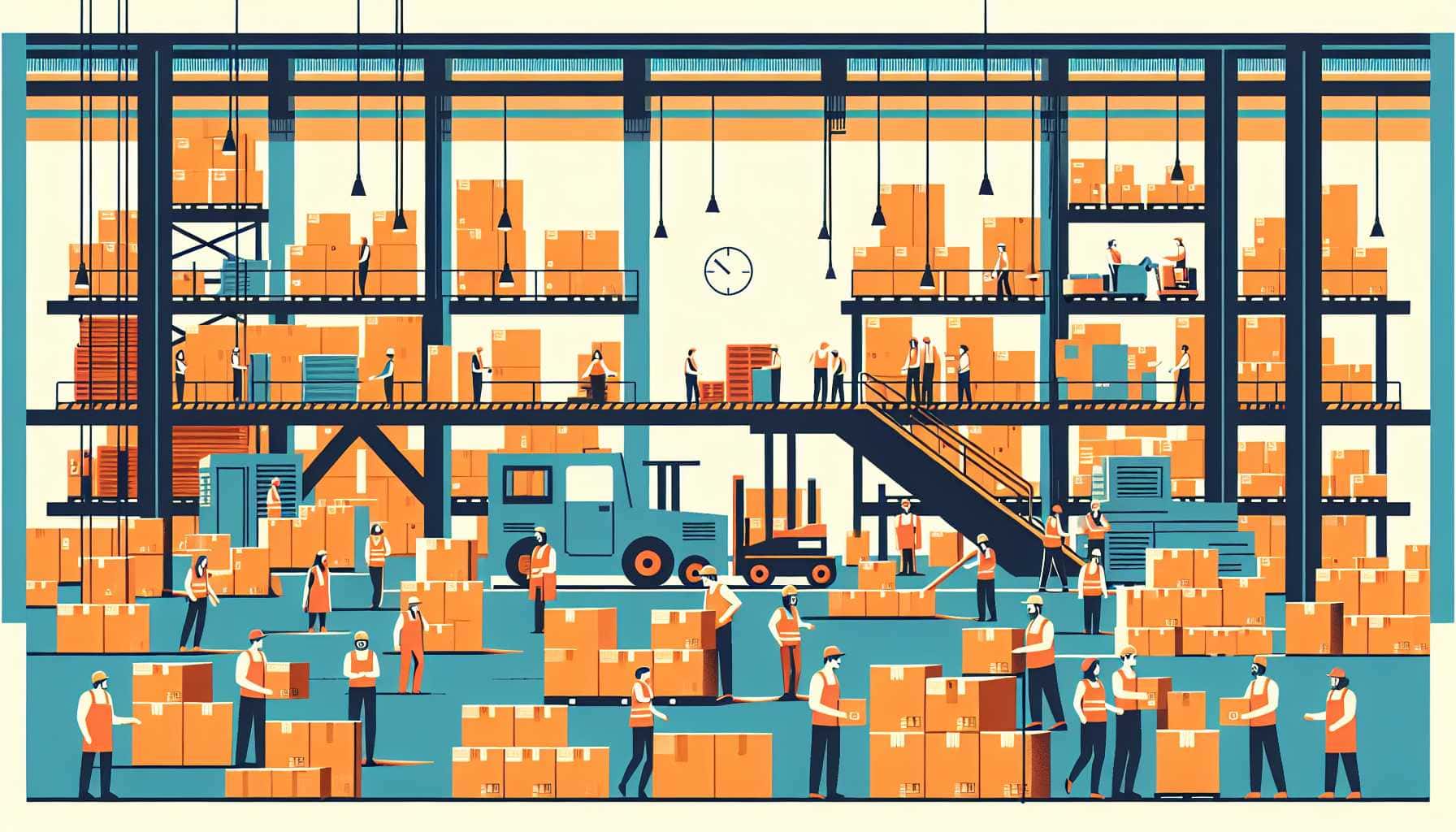 Illustration of busy warehouse scene
