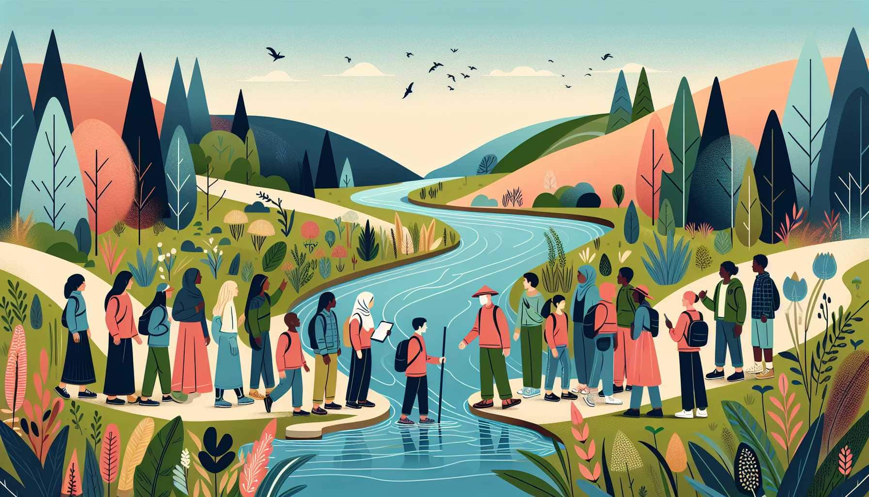 Illustration of youth learning by stream